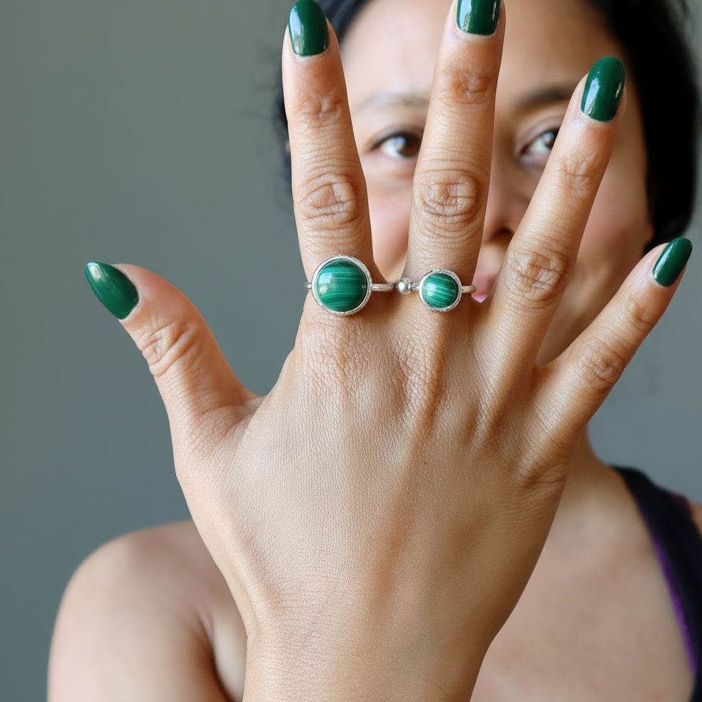 Bague en malachite à double coup de poing américain, pierre verte