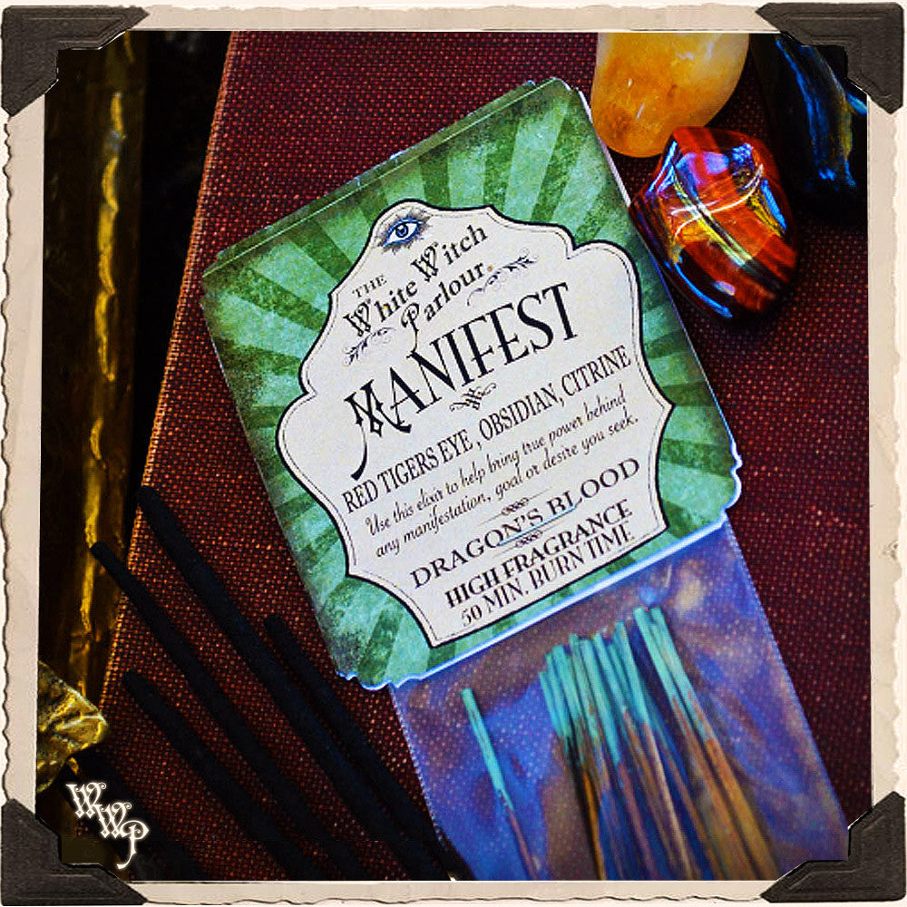 MANIFEST Elixier RÄUCHERSTÄBCHEN. Packung mit 20 Stäbchen. Duft von Drachenblut. Gesegnet mit Rotem Tigerauge, Citrin & Obsidian Kristallen.