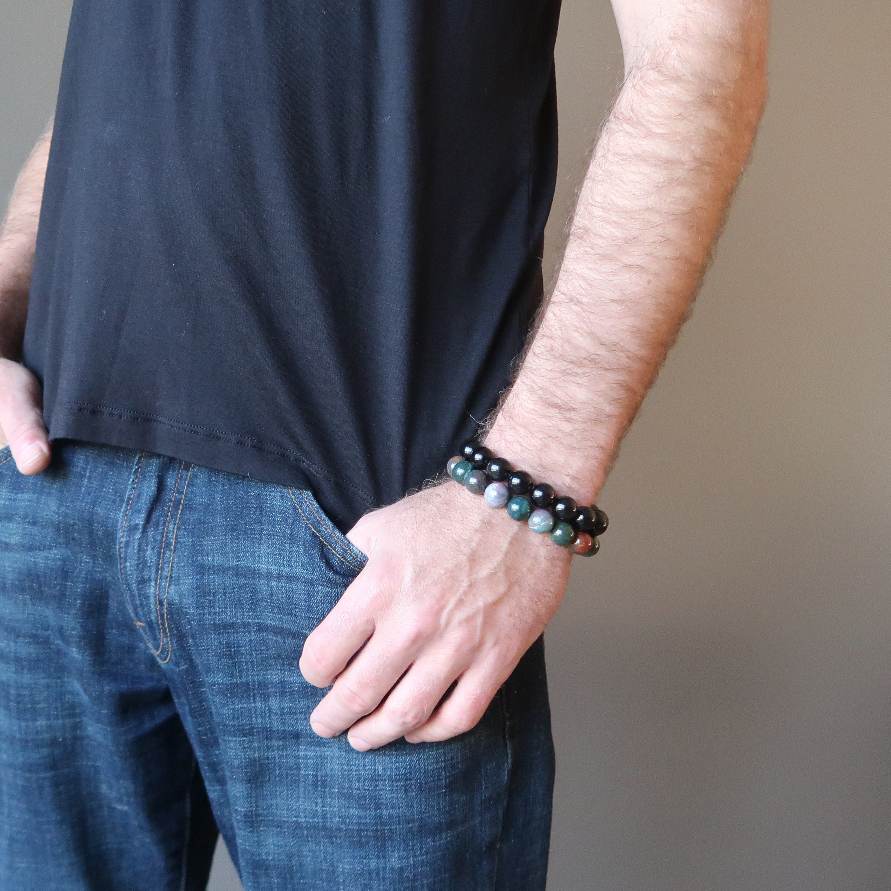 Ensemble de bracelets Crystal Earth : Héliotrope et Obsidienne arc-en-ciel