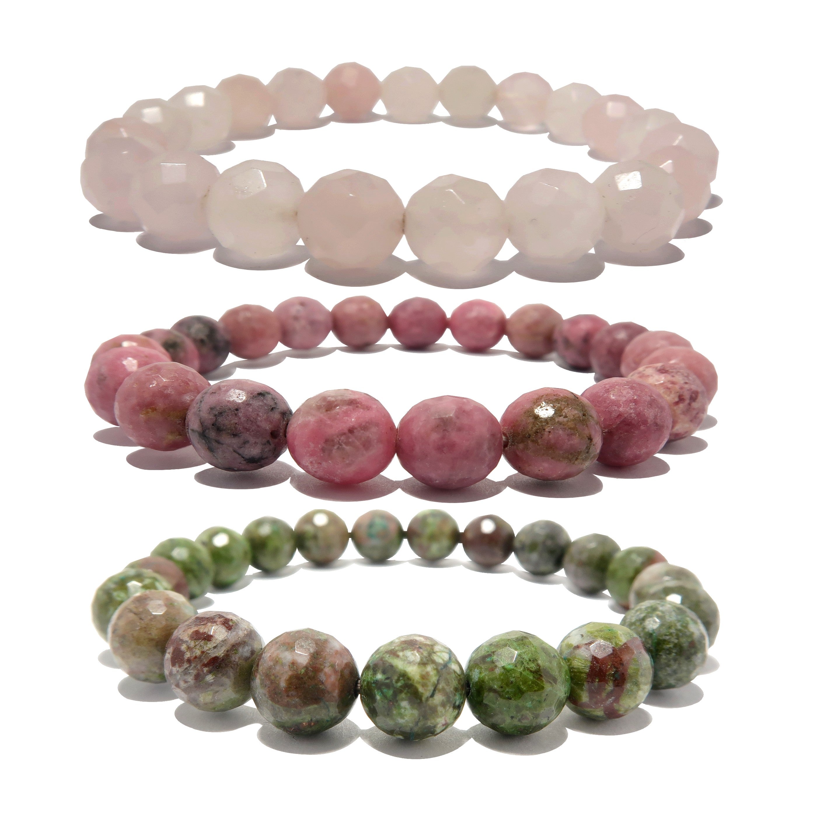 Parure de bracelets Amour : Quartz rose, Rhodonite et Cuprite Chrysocolle