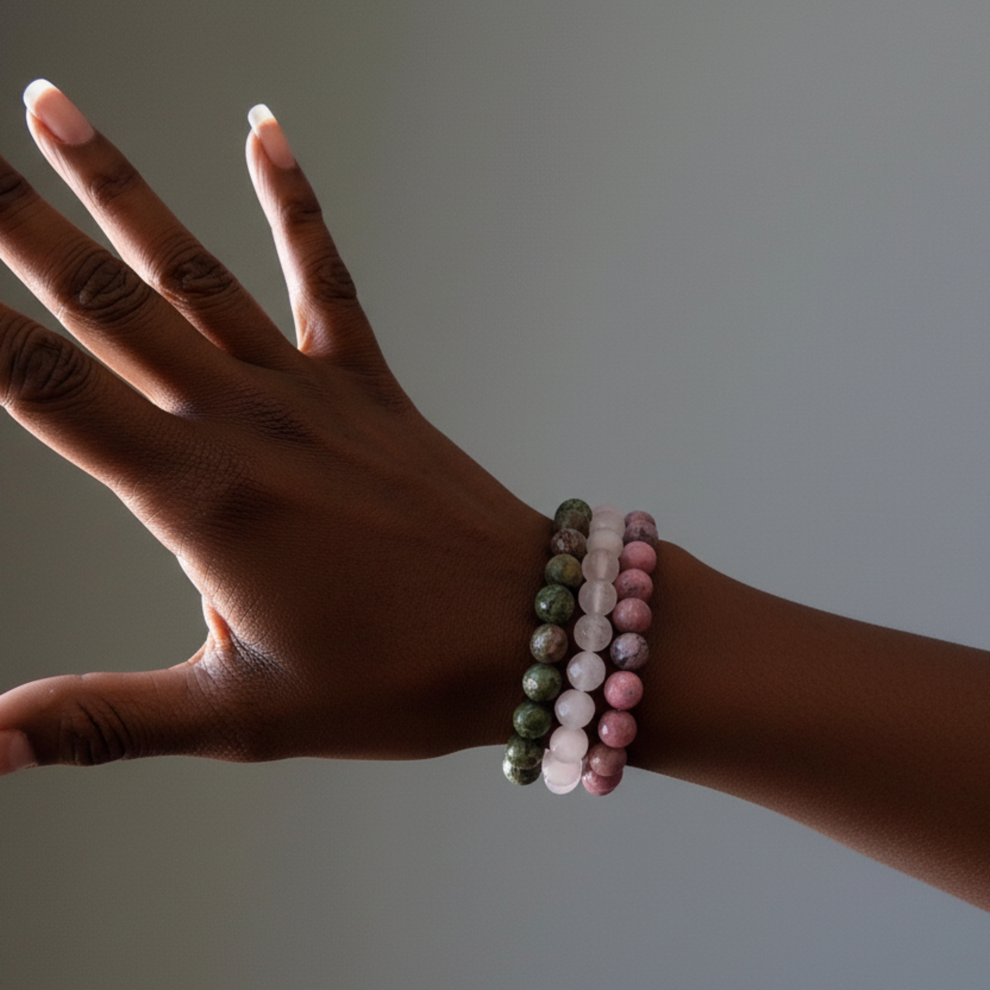 Parure de bracelets Amour : Quartz rose, Rhodonite et Cuprite Chrysocolle