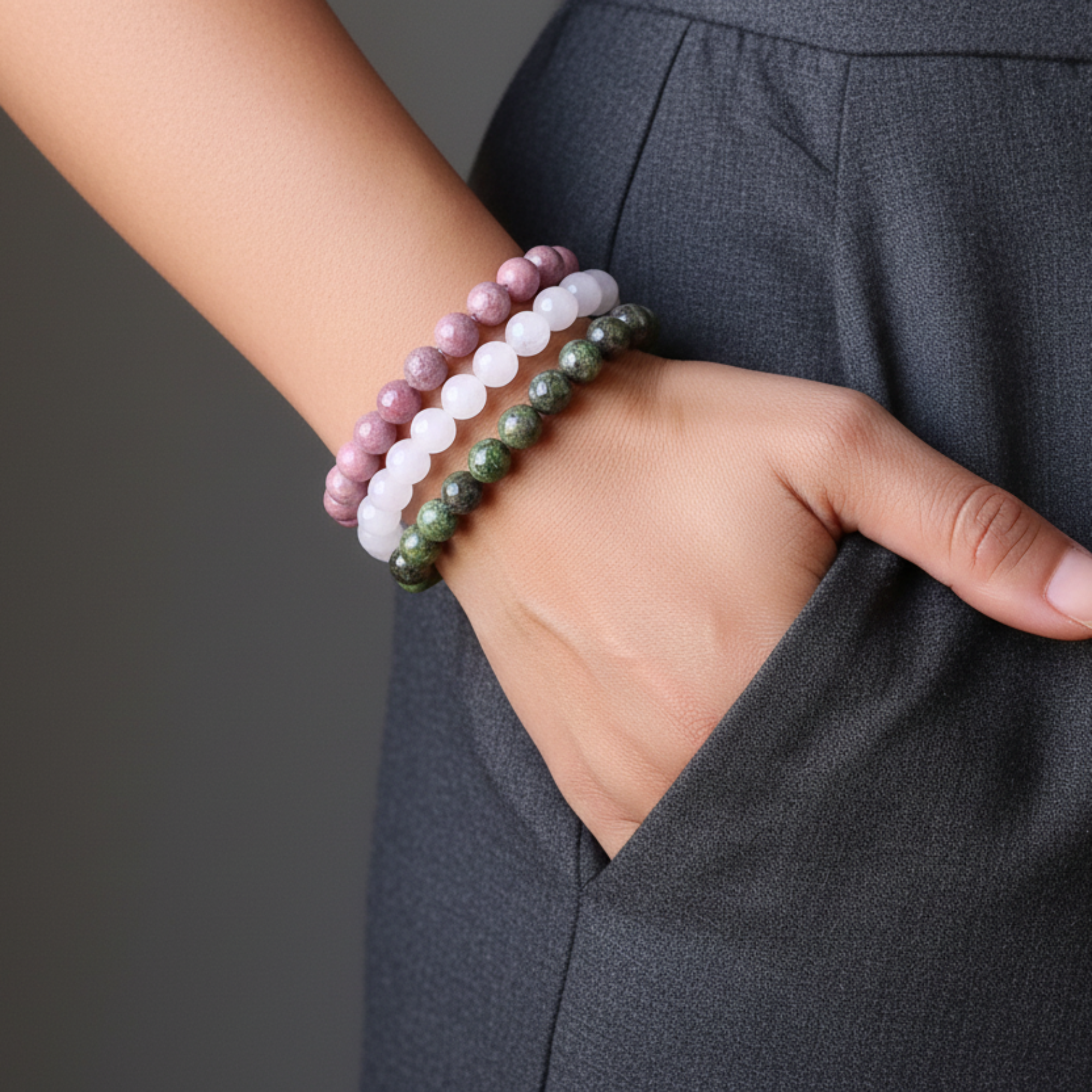 Parure de bracelets Amour : Quartz rose, Rhodonite et Cuprite Chrysocolle