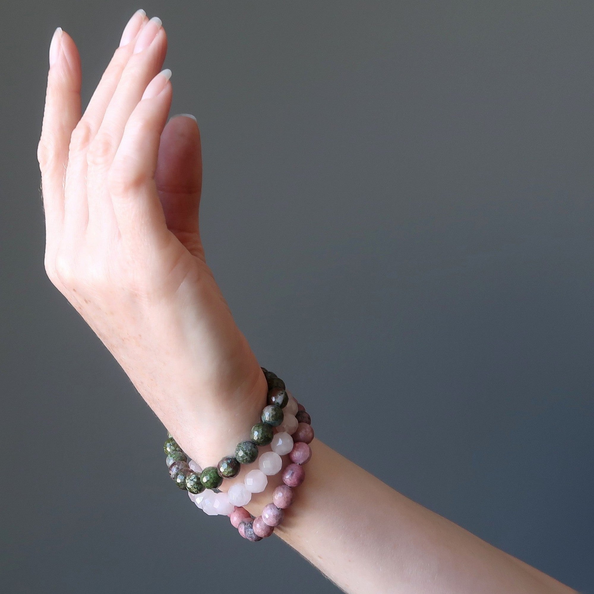 Parure de bracelets Amour : Quartz rose, Rhodonite et Cuprite Chrysocolle