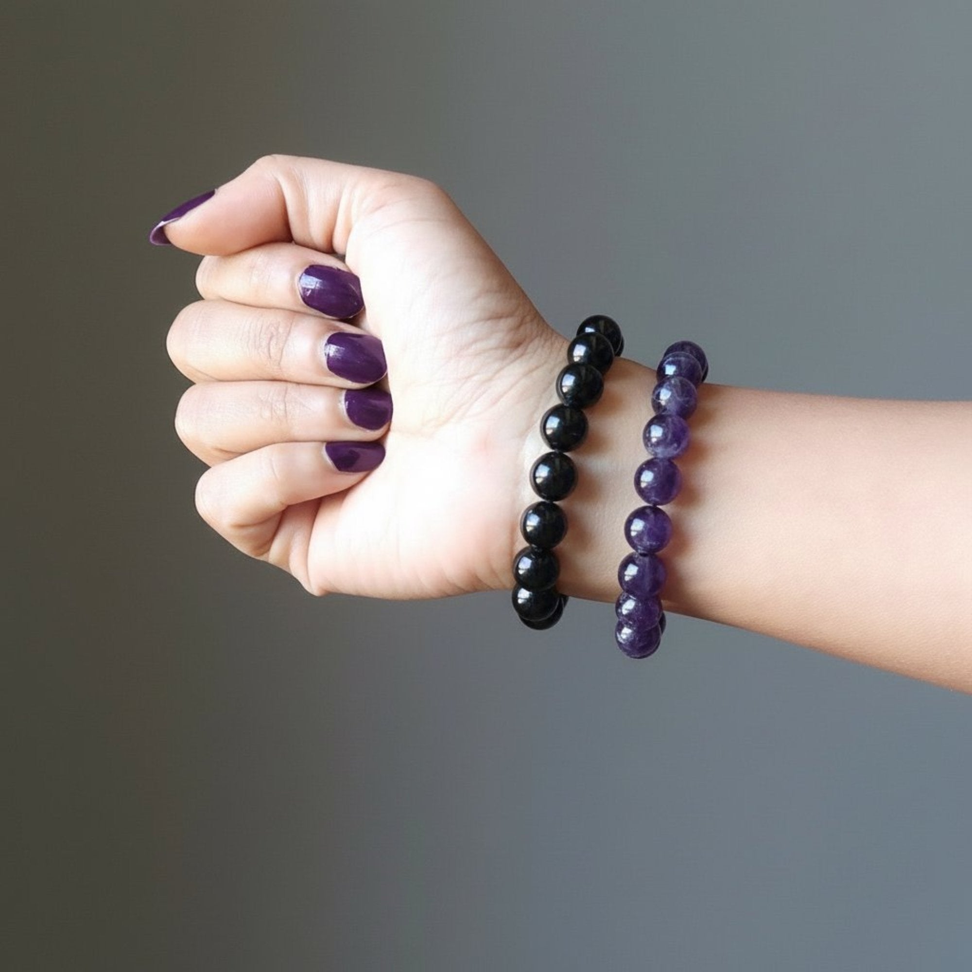 Crystal Spiritual Protection Bracelet Set: Amethyst & Black Tourmaline