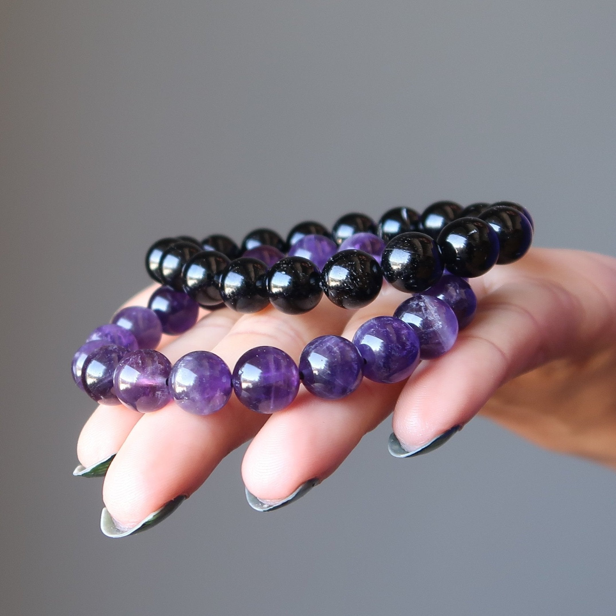 Crystal Spiritual Protection Bracelet Set: Amethyst & Black Tourmaline