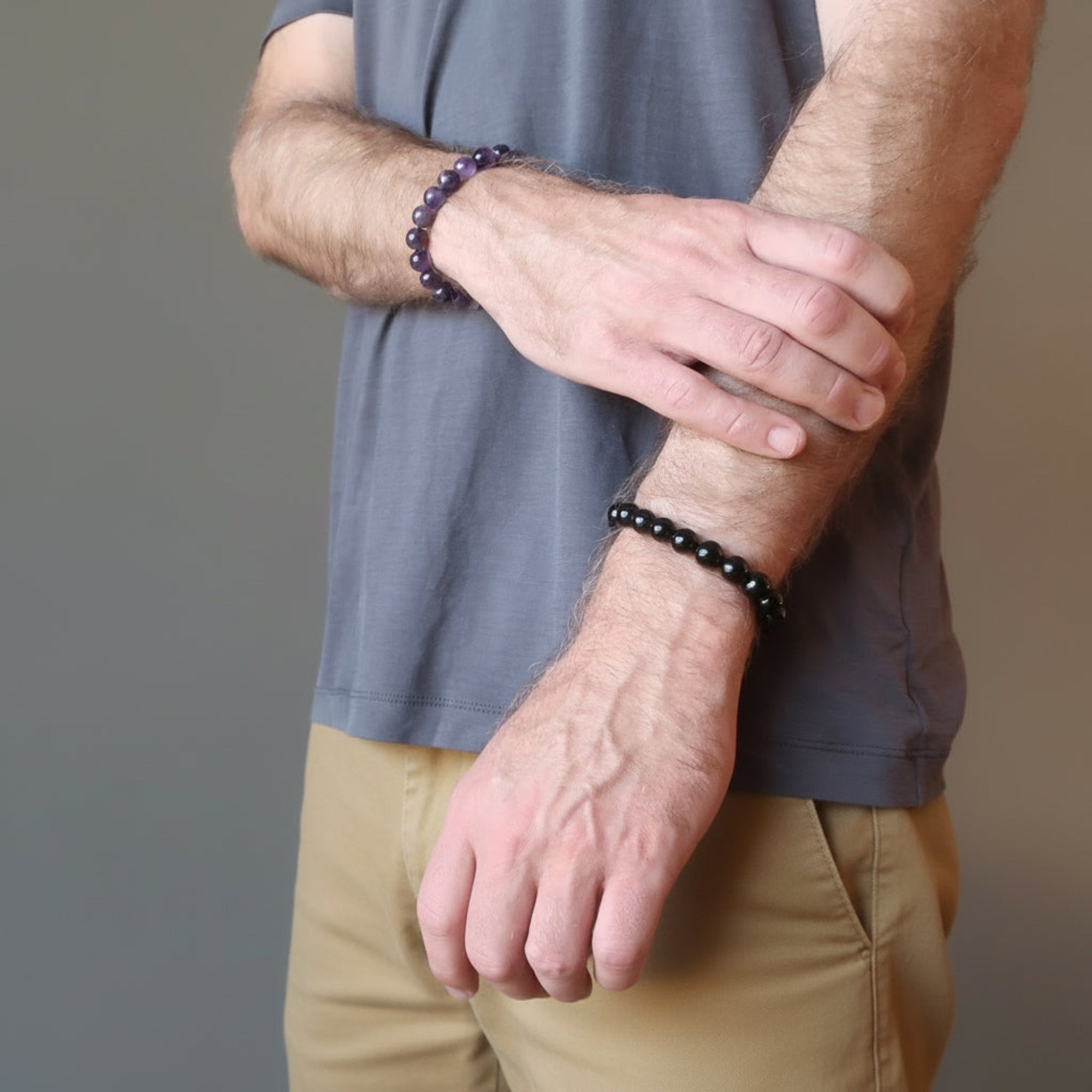 Crystal Spiritual Protection Bracelet Set: Amethyst & Black Tourmaline
