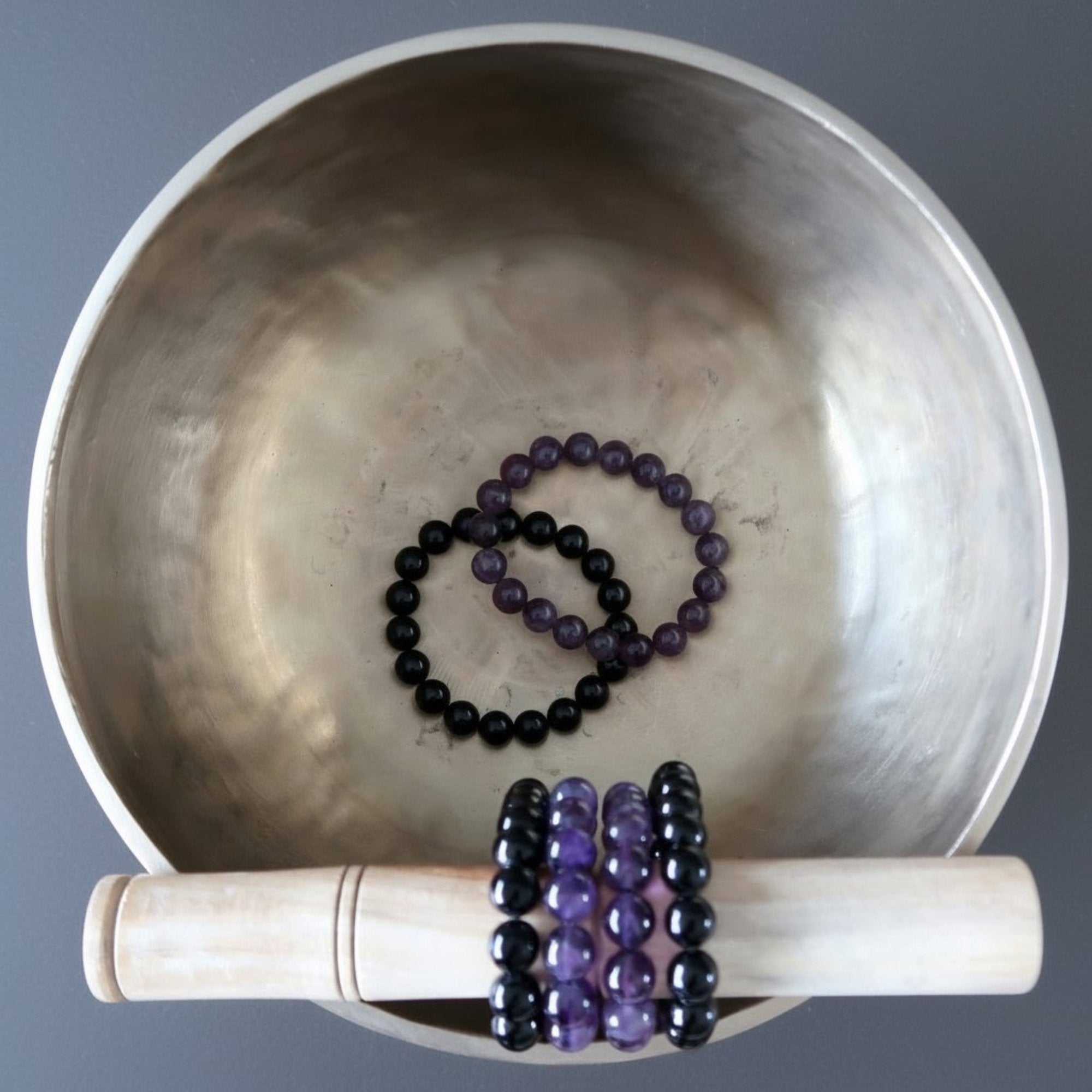Crystal Spiritual Protection Bracelet Set: Amethyst & Black Tourmaline