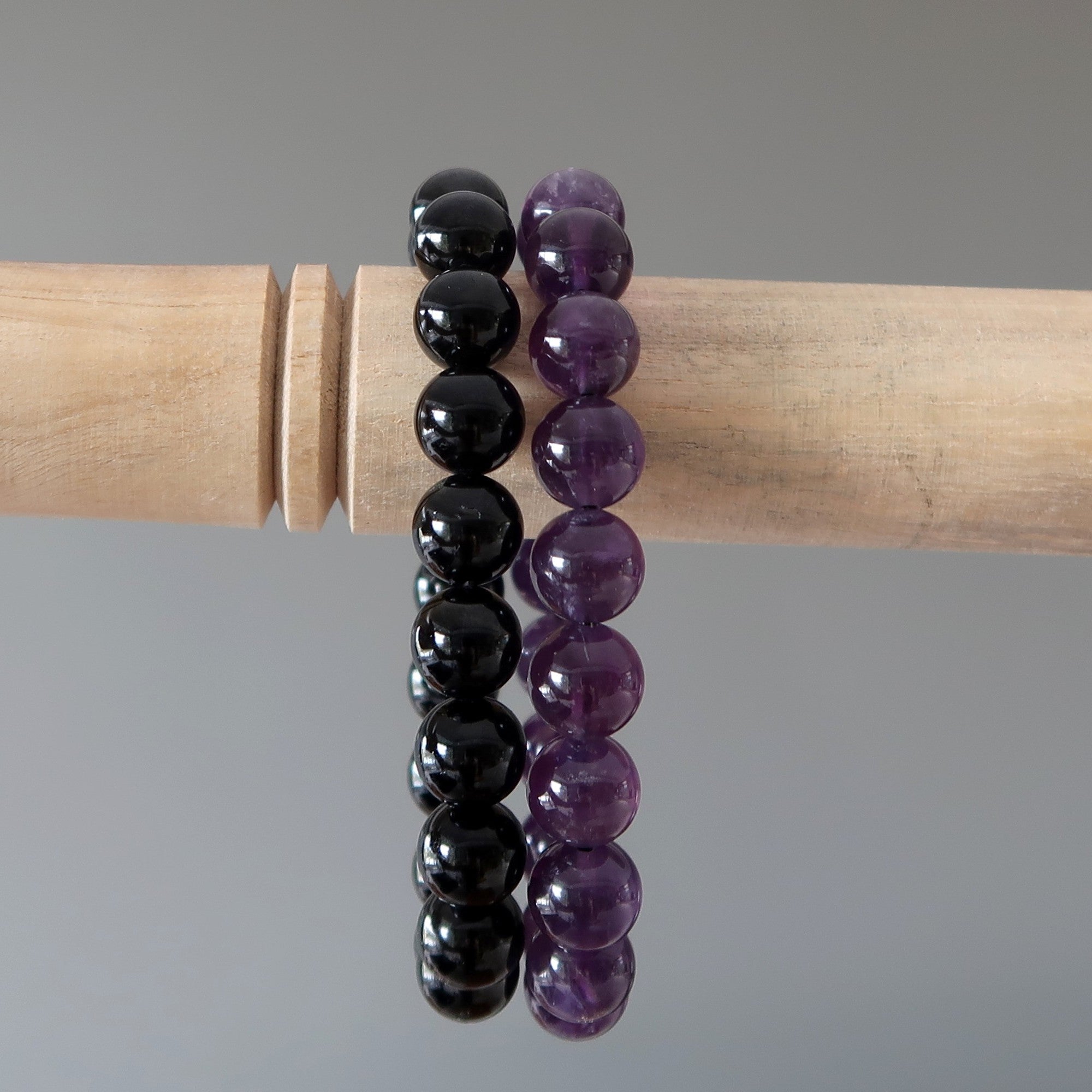 Crystal Spiritual Protection Bracelet Set: Amethyst & Black Tourmaline