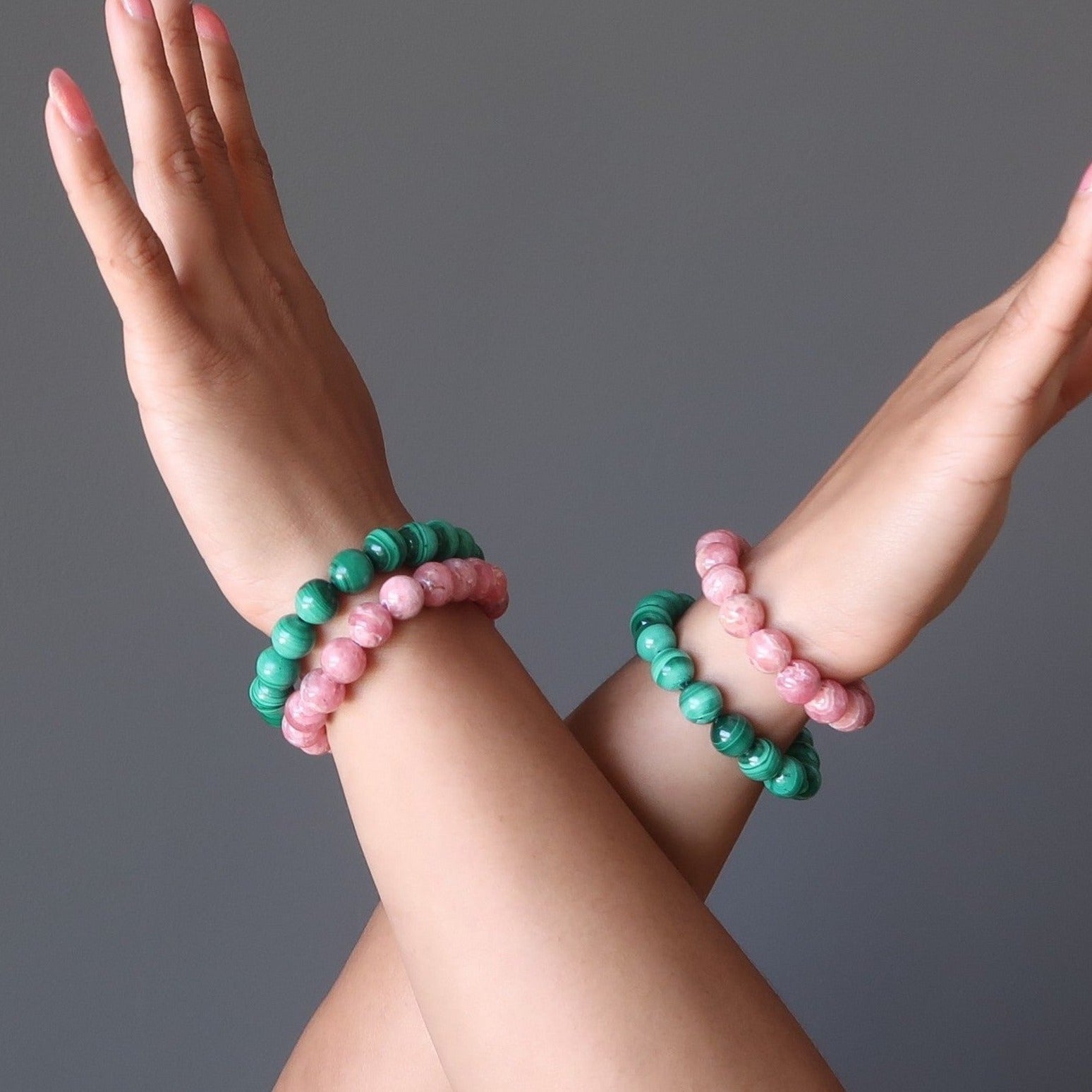 Crystal Soulmate Bracelet Set: Malachite & Rhodochrosite Gems