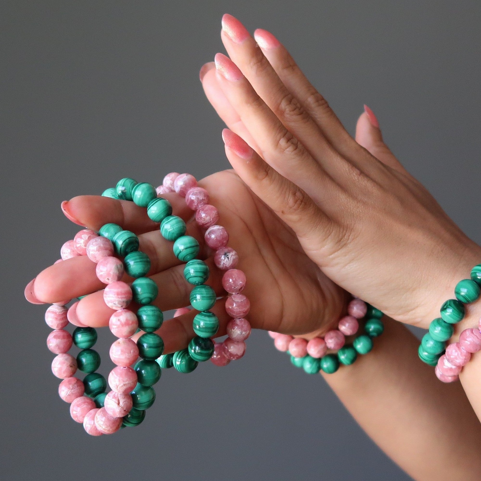Crystal Soulmate Bracelet Set: Malachite & Rhodochrosite Gems