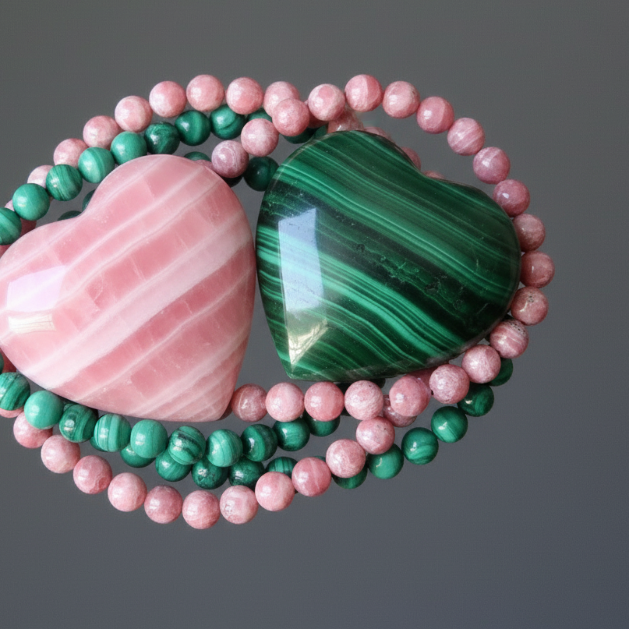 Crystal Soulmate Bracelet Set: Malachite & Rhodochrosite Gems