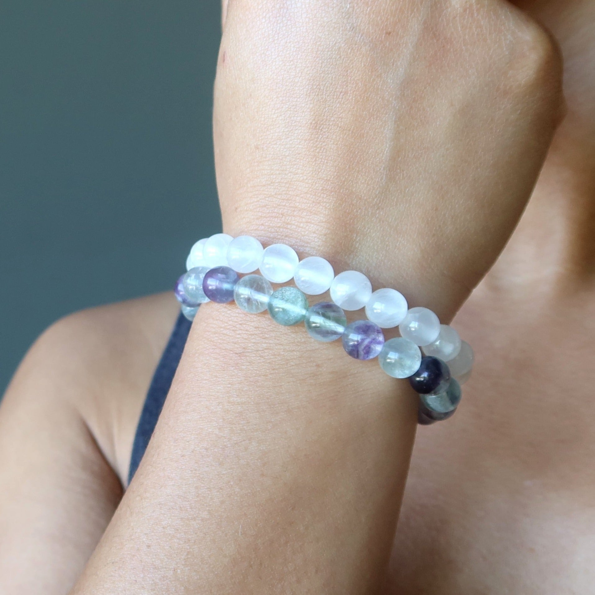 Crystal-Traum-Armband-Set: Selenit & Regenbogen-Fluorit