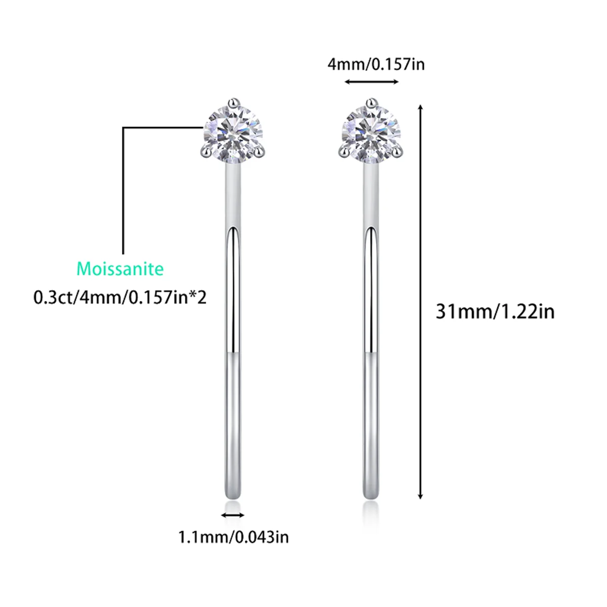 Boucles d'oreilles créoles 4mm Moissanite couleur D 2 pièces en argent sterling 925 or blanc