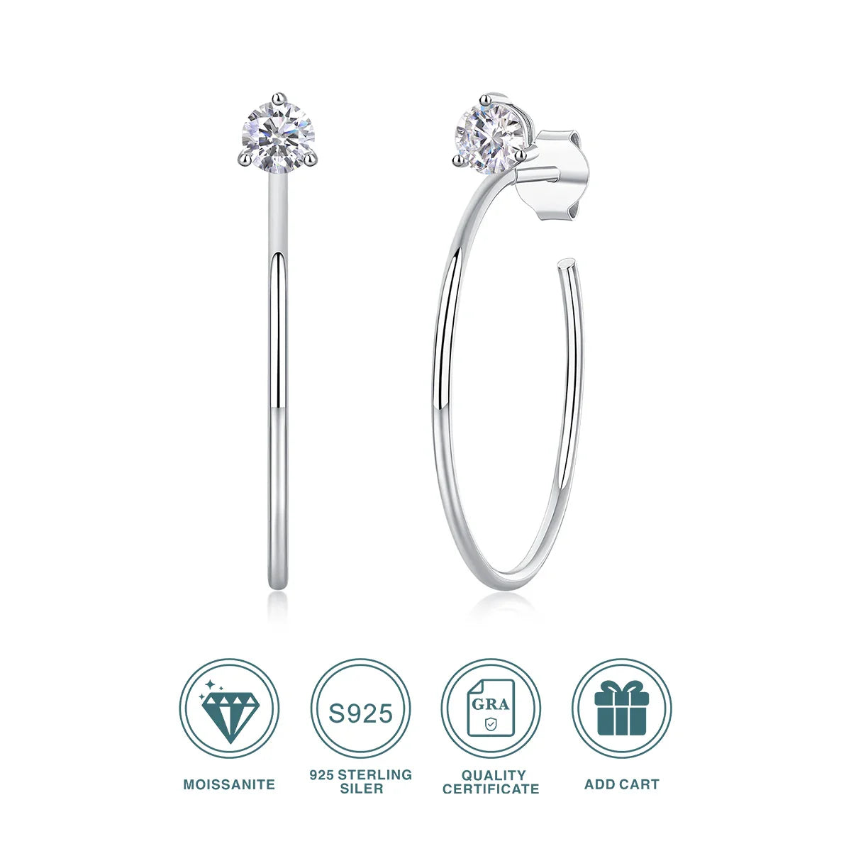 Boucles d'oreilles créoles 4mm Moissanite couleur D 2 pièces en argent sterling 925 or blanc