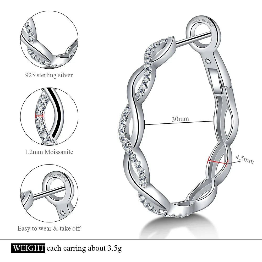 Moissanite 925 Sterling Silver Twisted Infinity Hoop Stud Earrings For Women