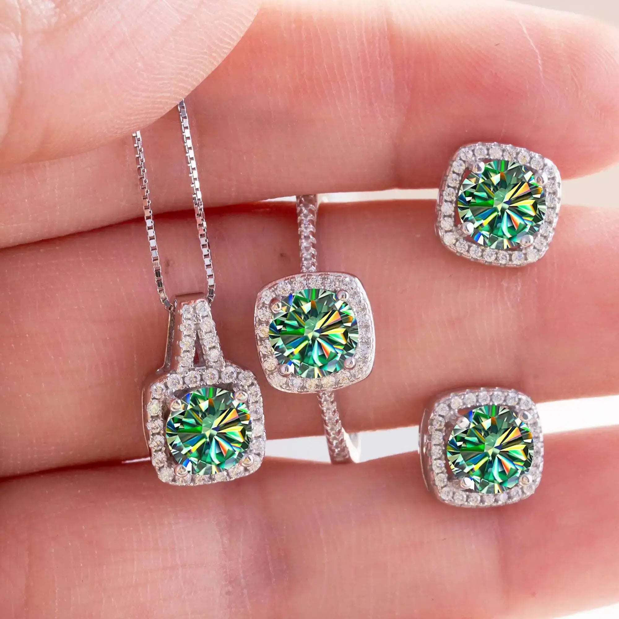 Moissanit D-Farbe runder Schliff 925 Sterling Silber Anhänger Halskette und Ohrstecker Set