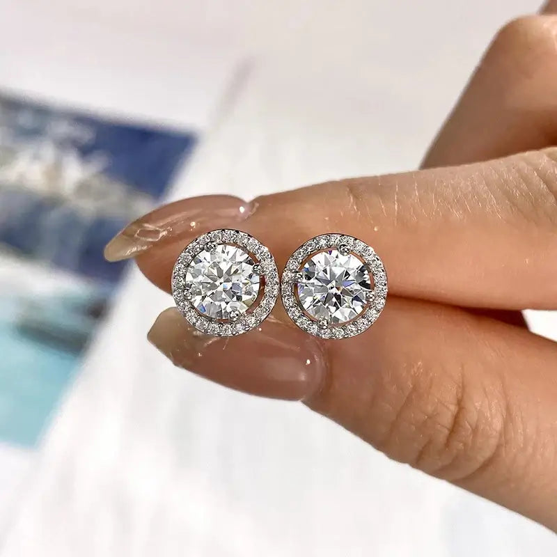 Moissanit-Diamant-Ohrstecker 925 Sterling Silber Rund Halo Hochzeitsschmuck