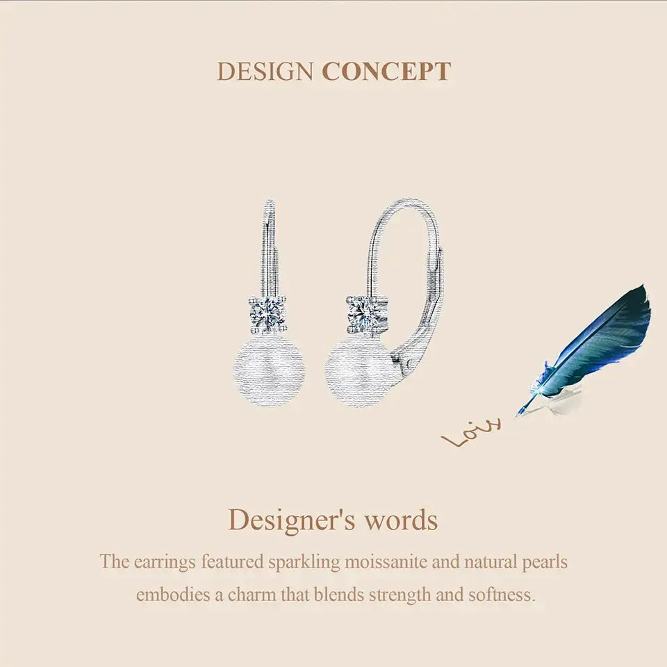 Moissanite Freshwater Pearl Drop Earrings 925 Sterling Silver Round Cut Dangle