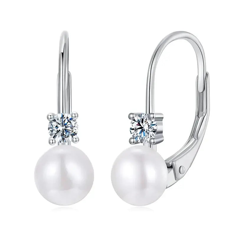 Moissanite Freshwater Pearl Drop Earrings 925 Sterling Silver Round Cut Dangle