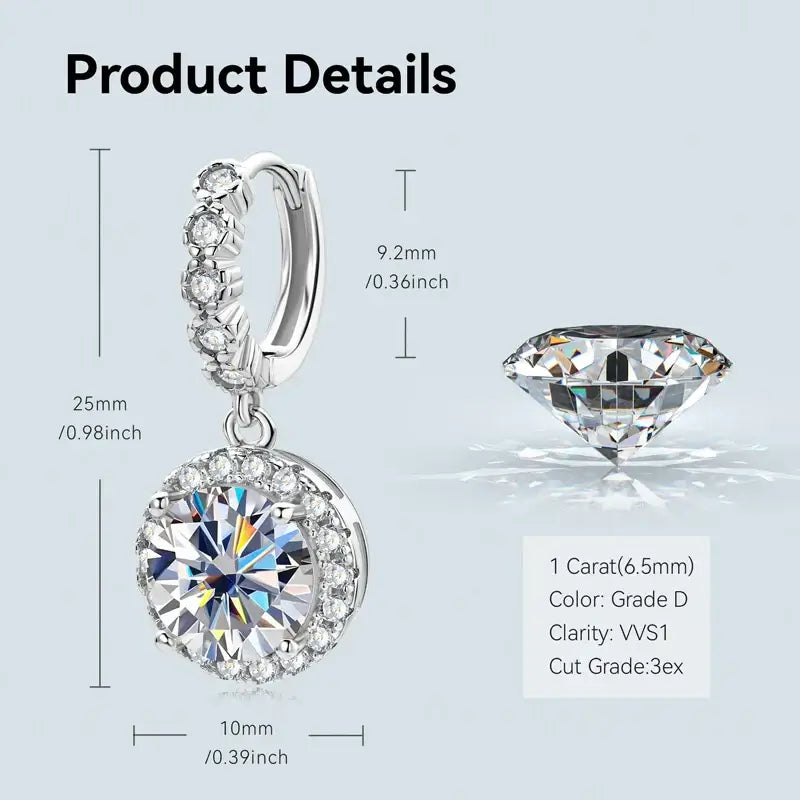 Moissanite Hoop Huggie Earrings 925 Sterling Silver Dangle Drop 3ct 2ct