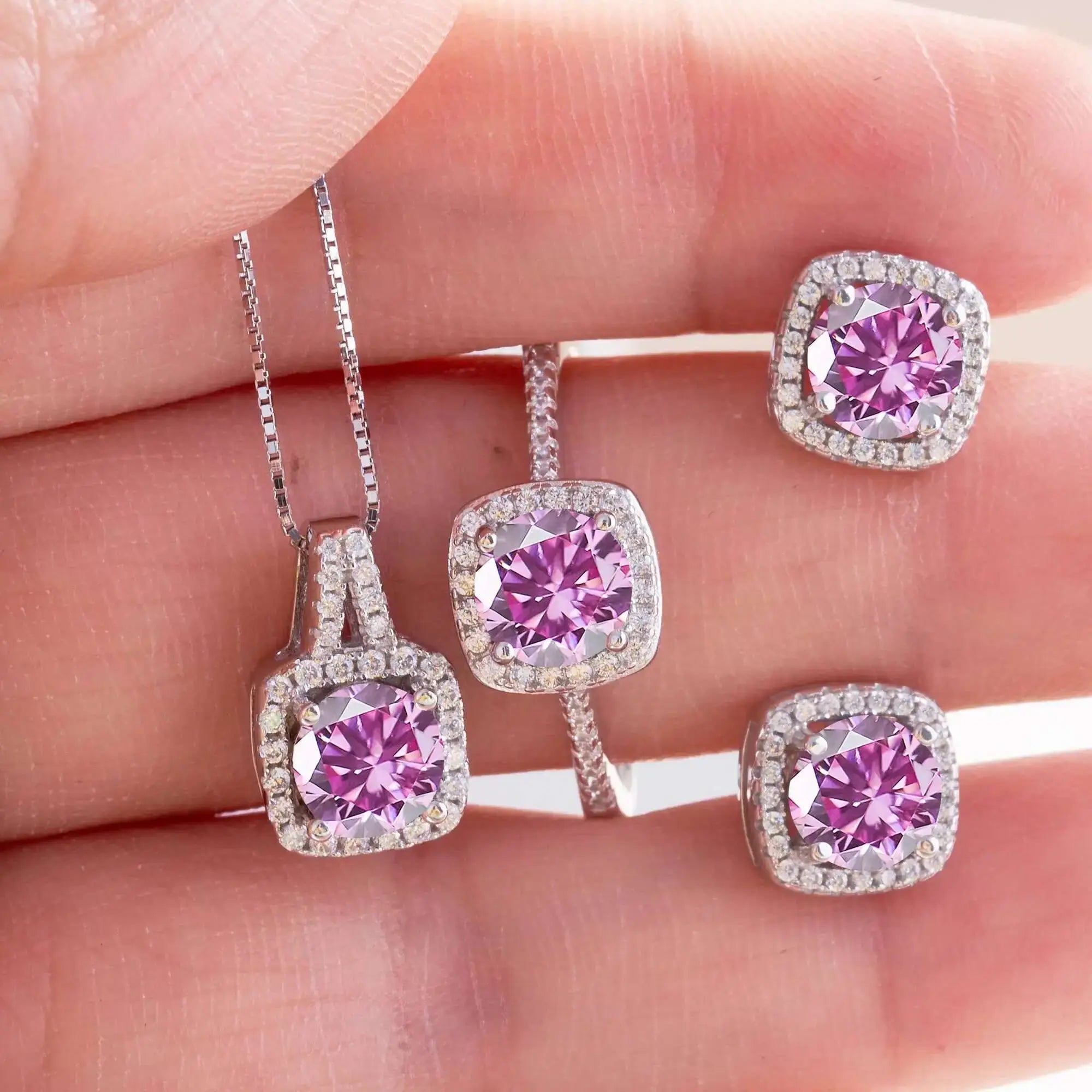 Moissanit D-Farbe runder Schliff 925 Sterling Silber Anhänger Halskette und Ohrstecker Set