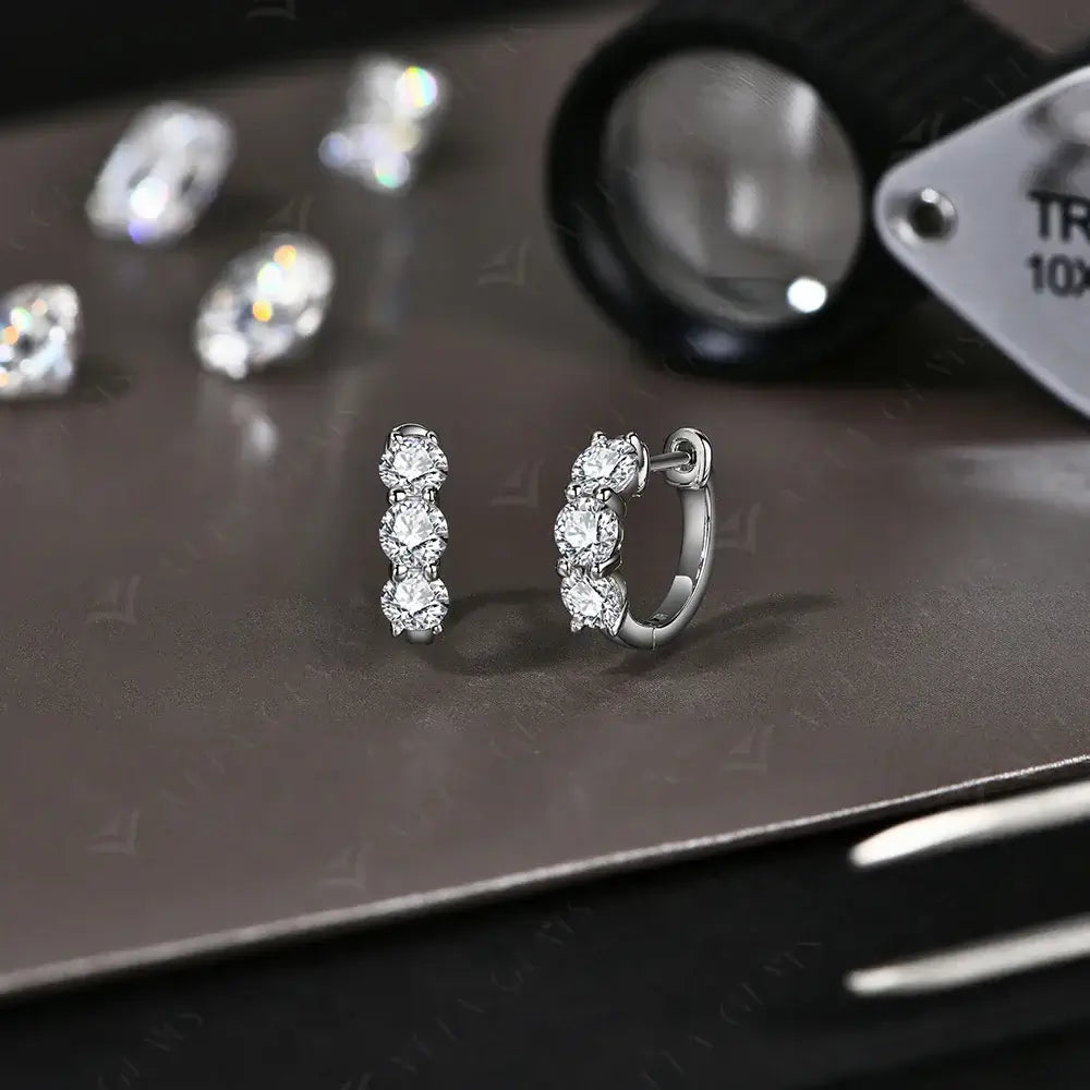 Moissanite Three-Stone Hoop Earrings 1.8 CTW Round Cut 925 Sterling Silver