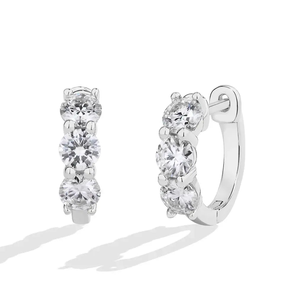 Moissanite Three-Stone Hoop Earrings 1.8 CTW Round Cut 925 Sterling Silver