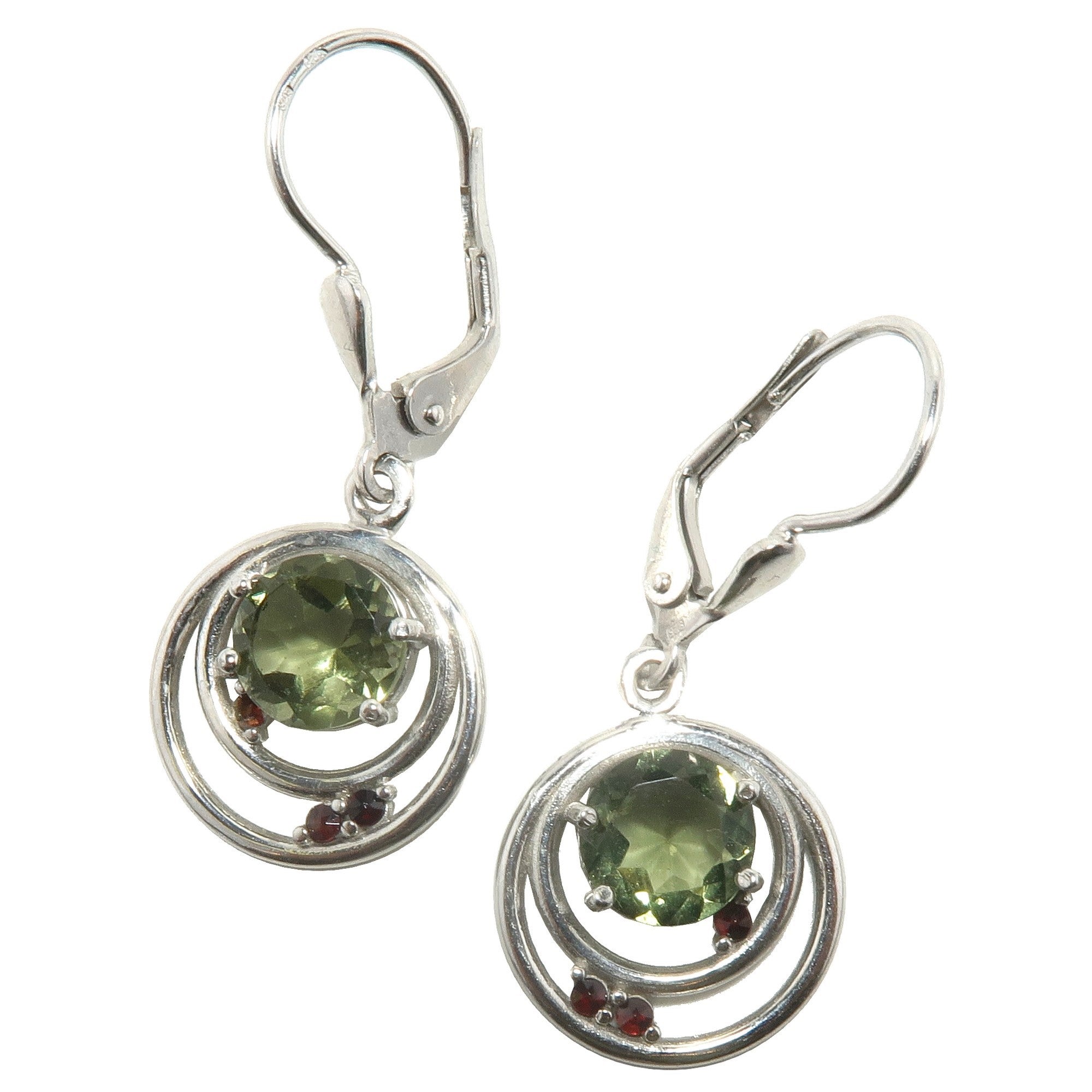 Moldavite Earrings Orbit of Love Garnet Gems Sterling Silver