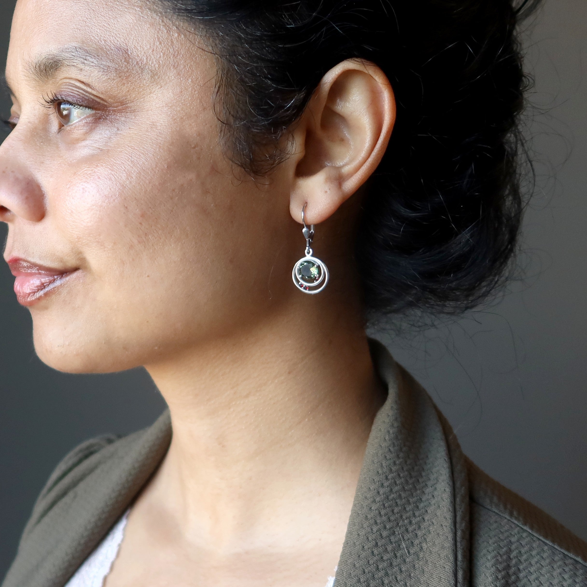 Moldavite Earrings Orbit of Love Garnet Gems Sterling Silver