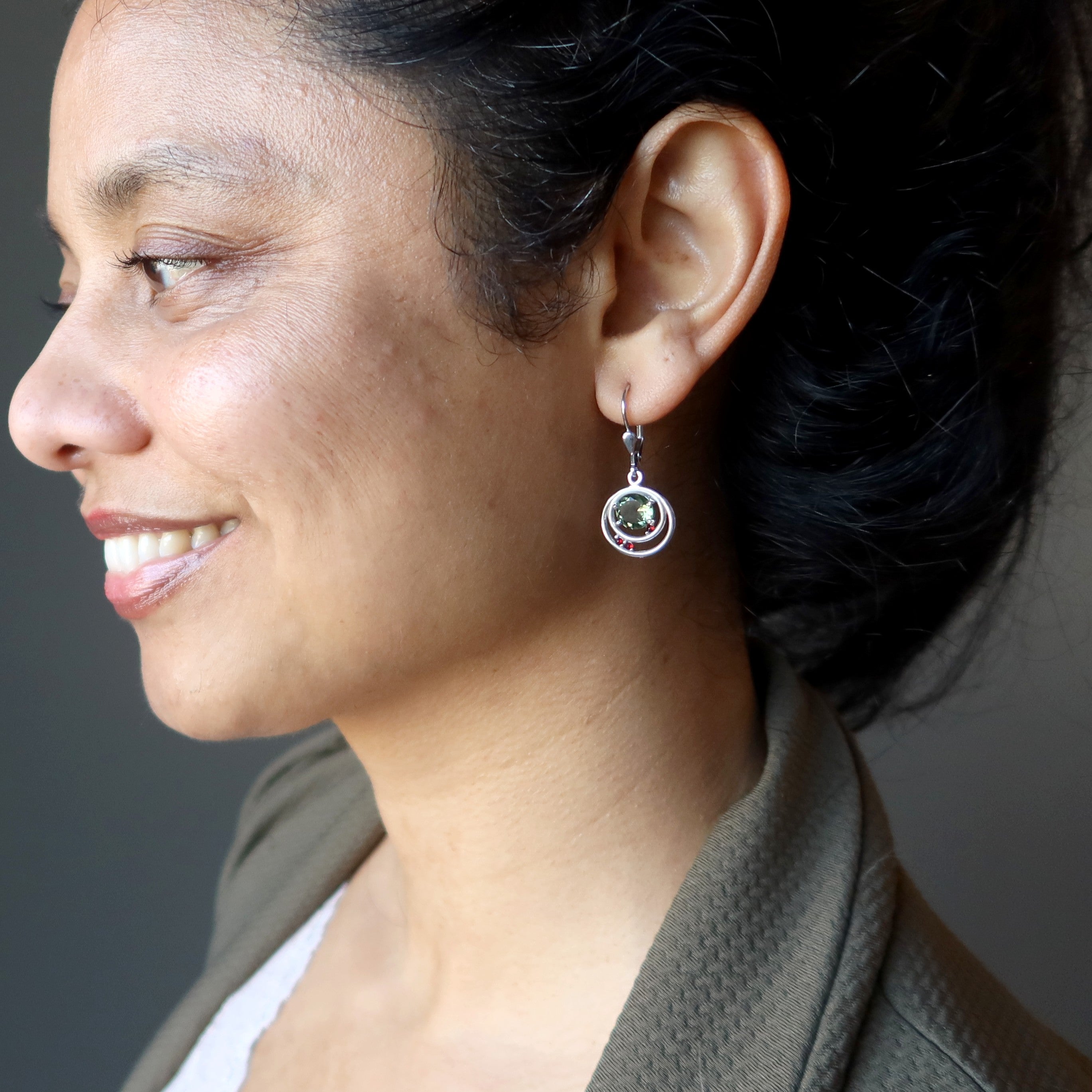 Moldavite Earrings Orbit of Love Garnet Gems Sterling Silver