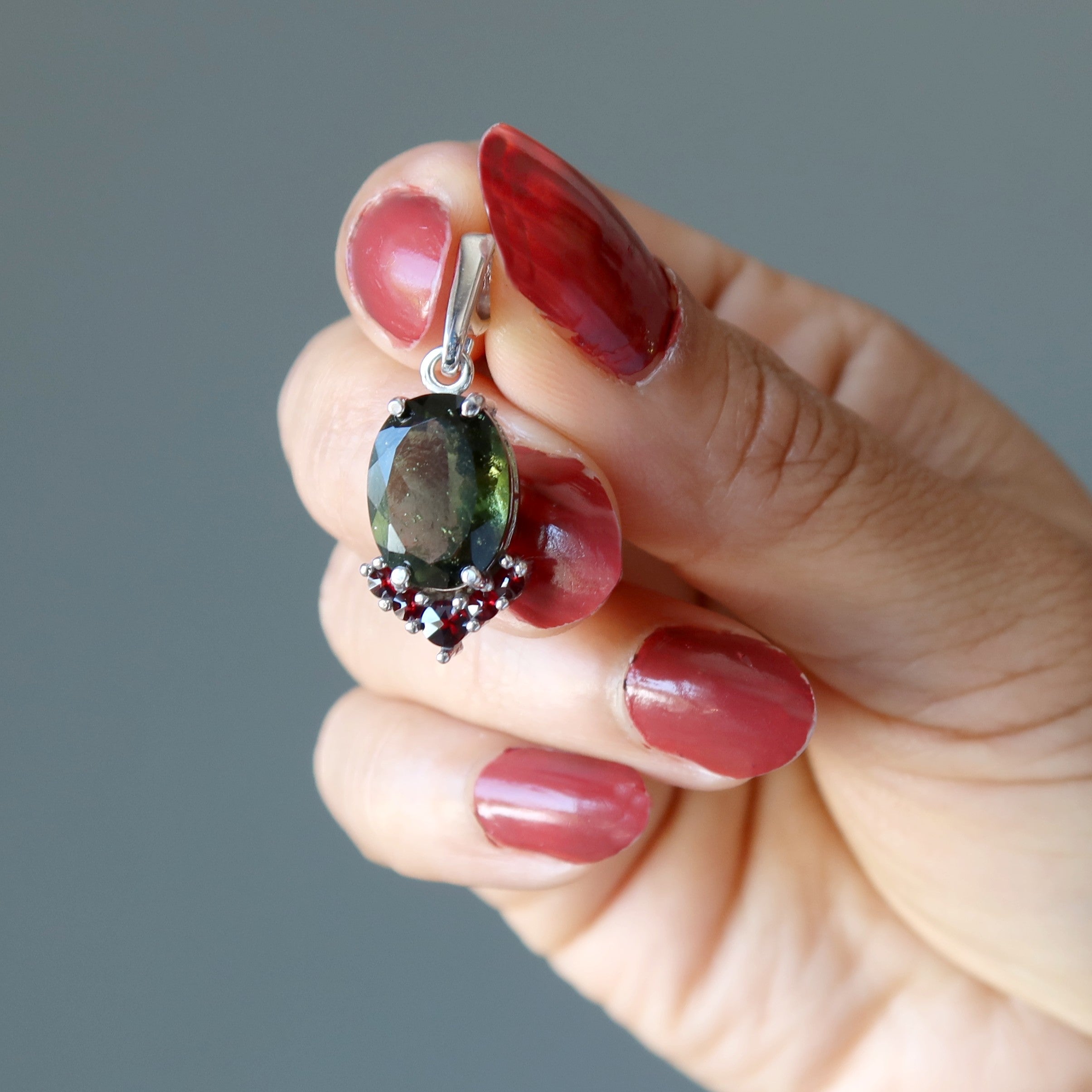Moldavite Pendant Garnet Kiss Passion Sterling Silver
