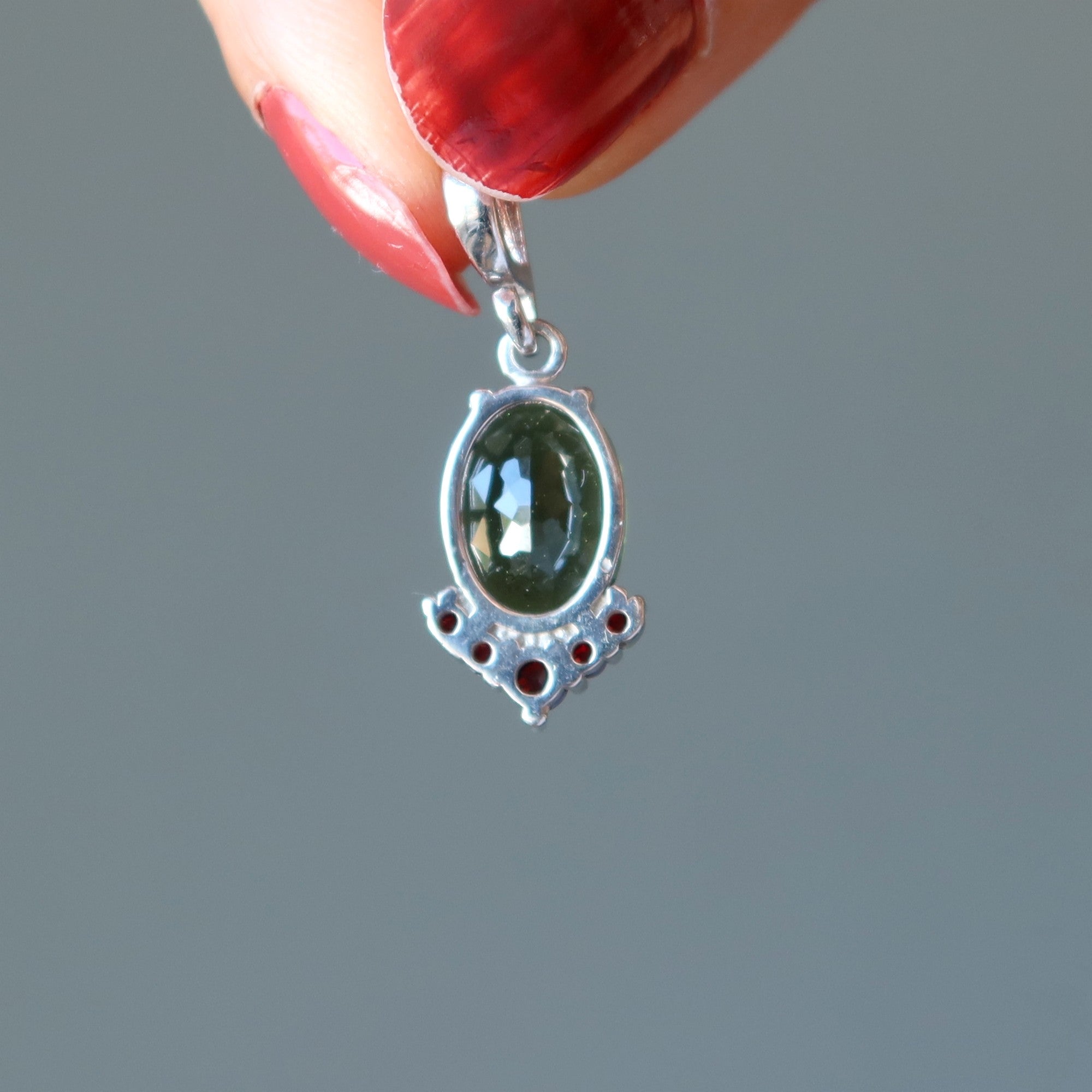 Moldavite Pendant Garnet Kiss Passion Sterling Silver