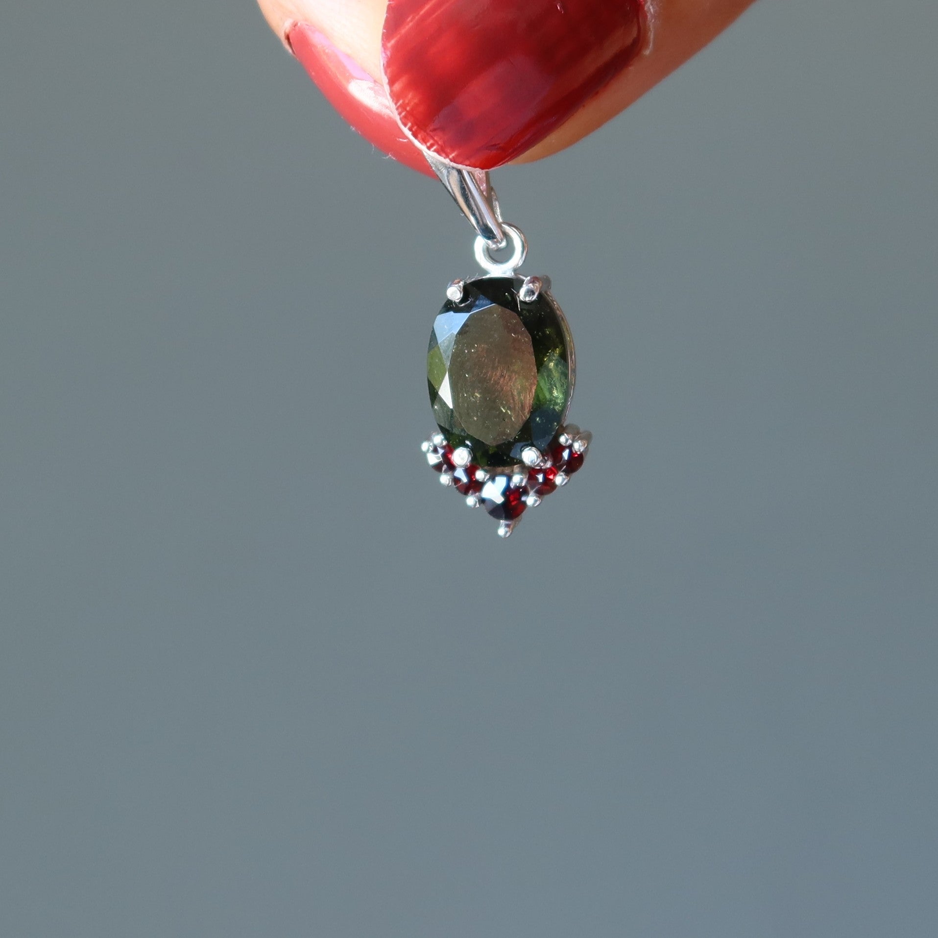 Moldavite Pendant Garnet Kiss Passion Sterling Silver