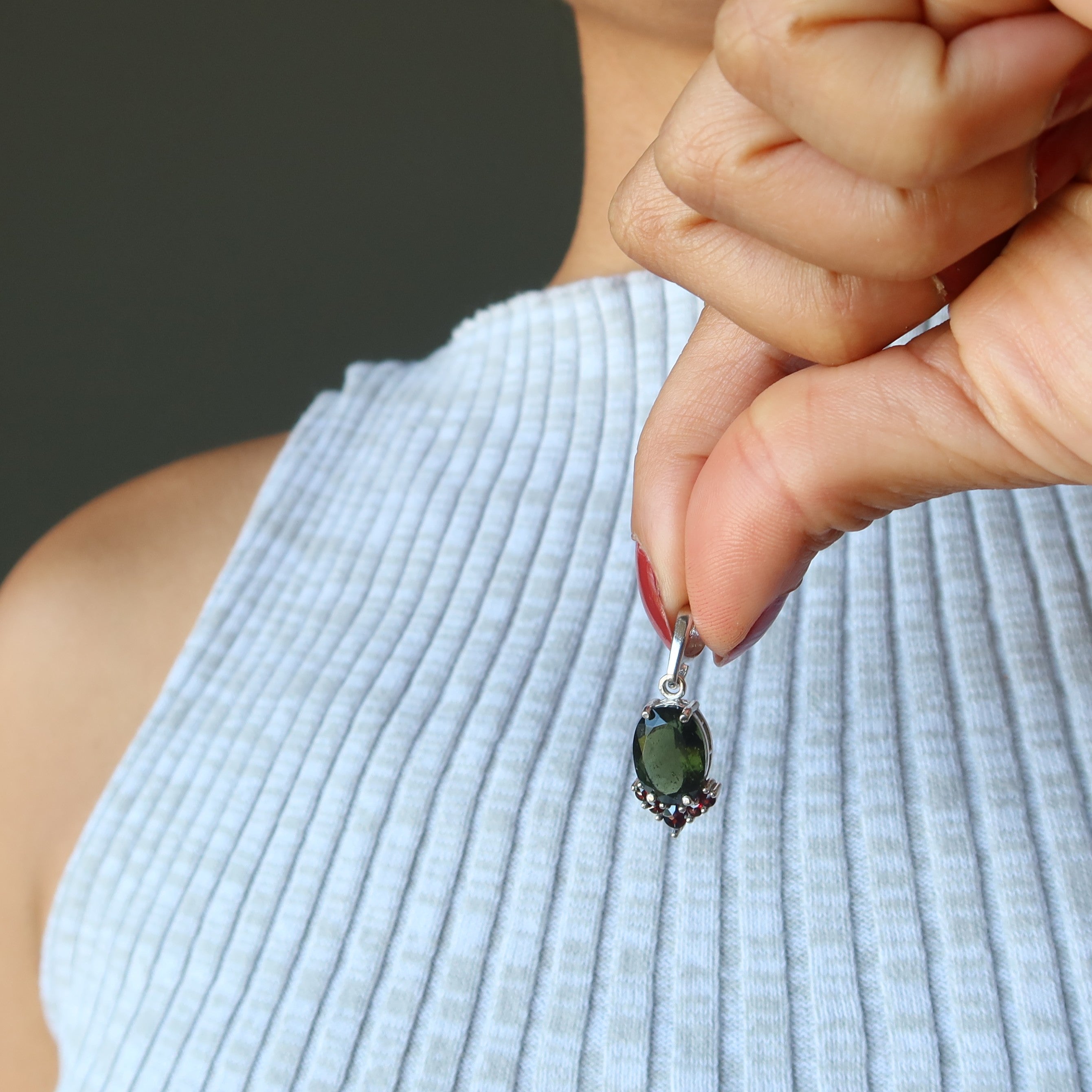Moldavite Pendant Garnet Kiss Passion Sterling Silver