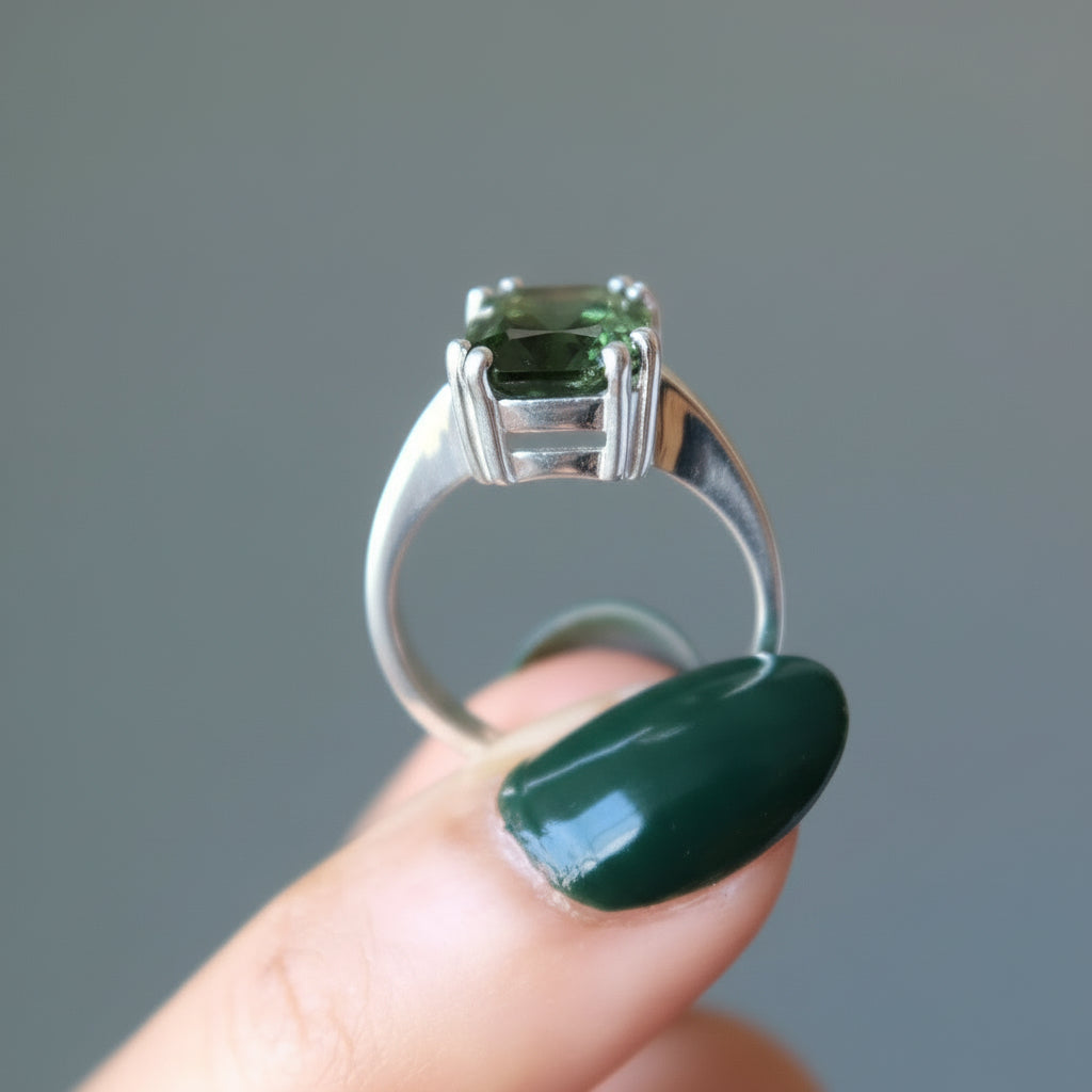Moldavite Ring Big Green Stargazer Gem Sterling Silver