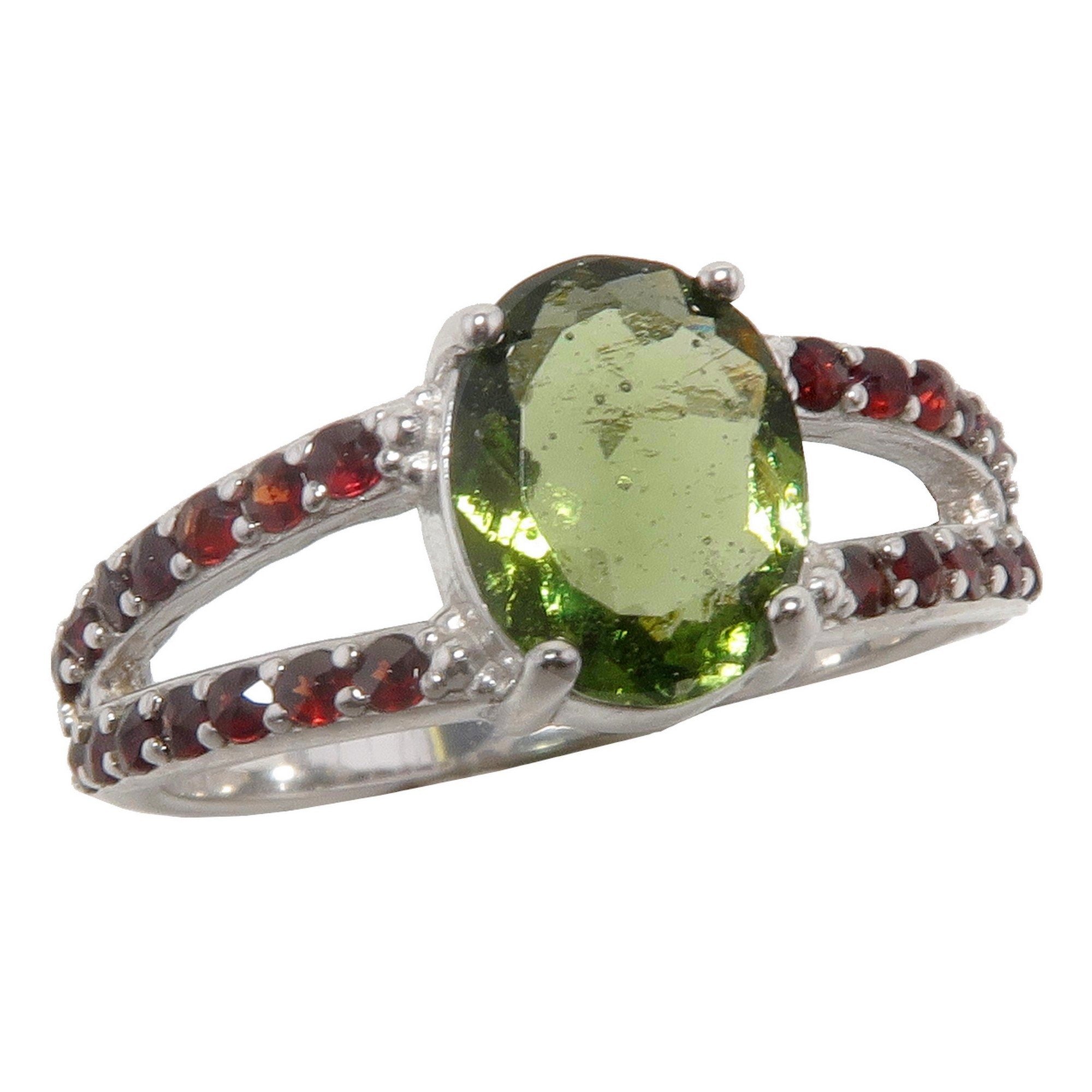 Moldavit Ring mit feuerrotem Granat aus Sterlingsilber