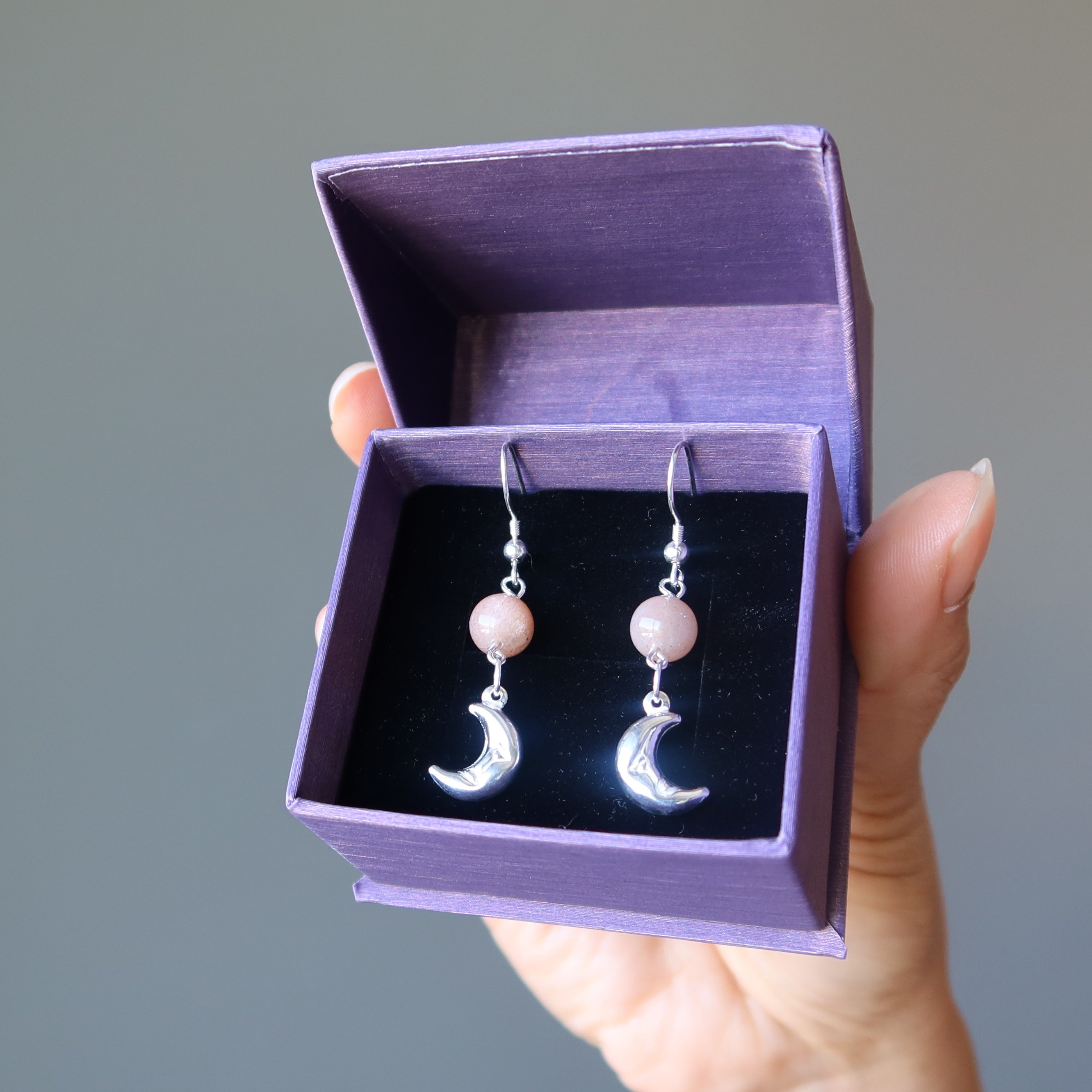 Peach Moonstone Earrings Swinging Moon Sterling Silver