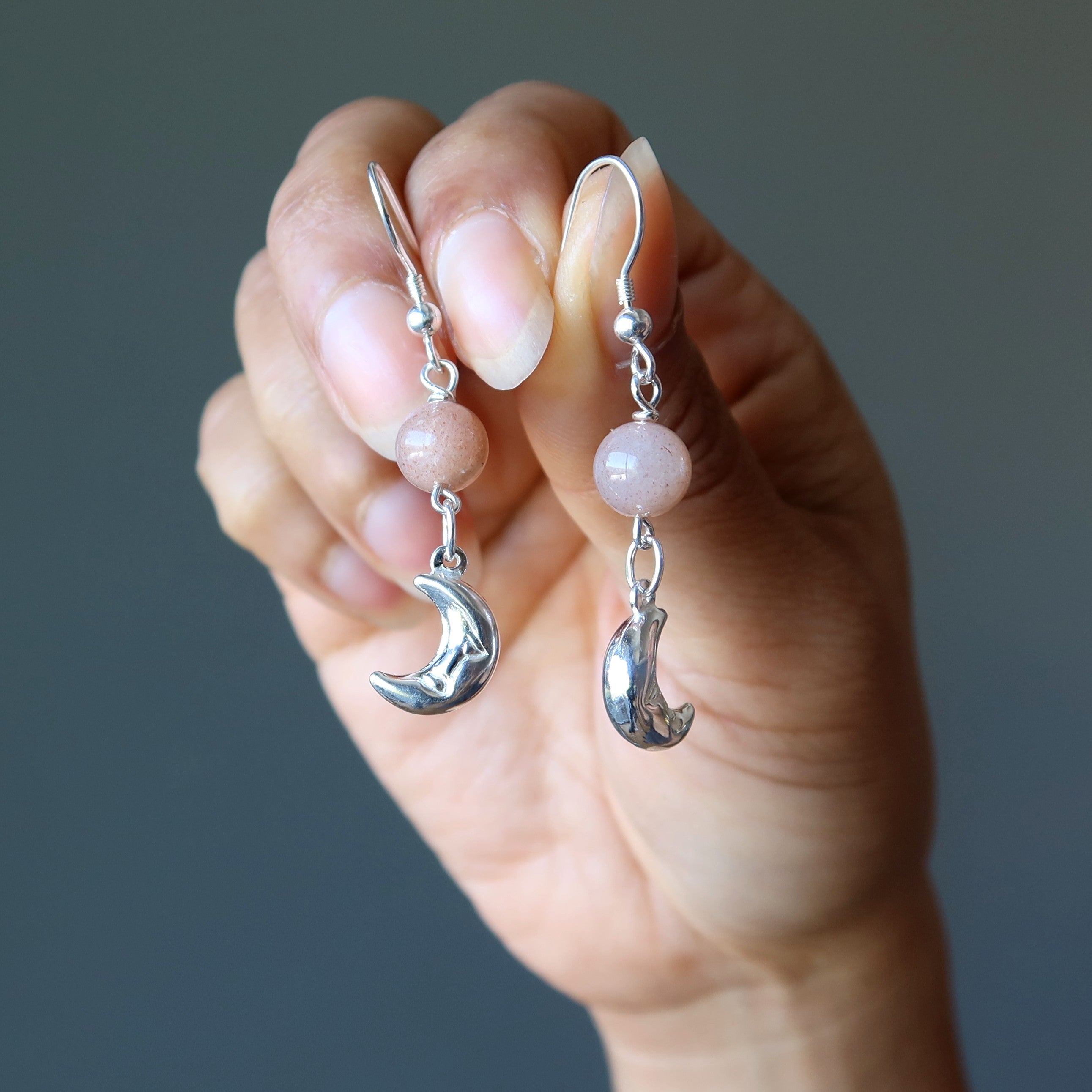 Peach Moonstone Earrings Swinging Moon Sterling Silver