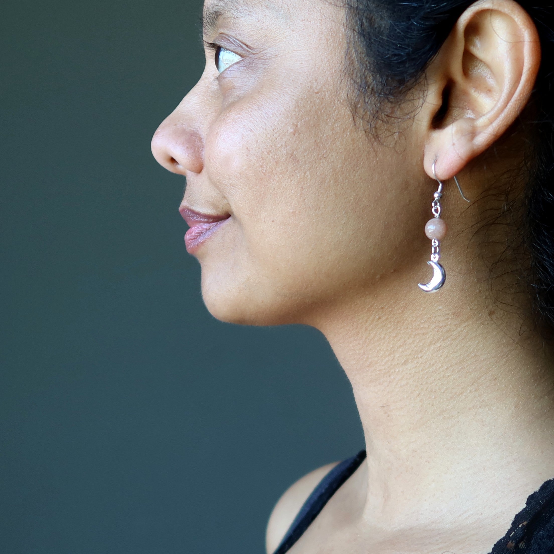 Peach Moonstone Earrings Swinging Moon Sterling Silver