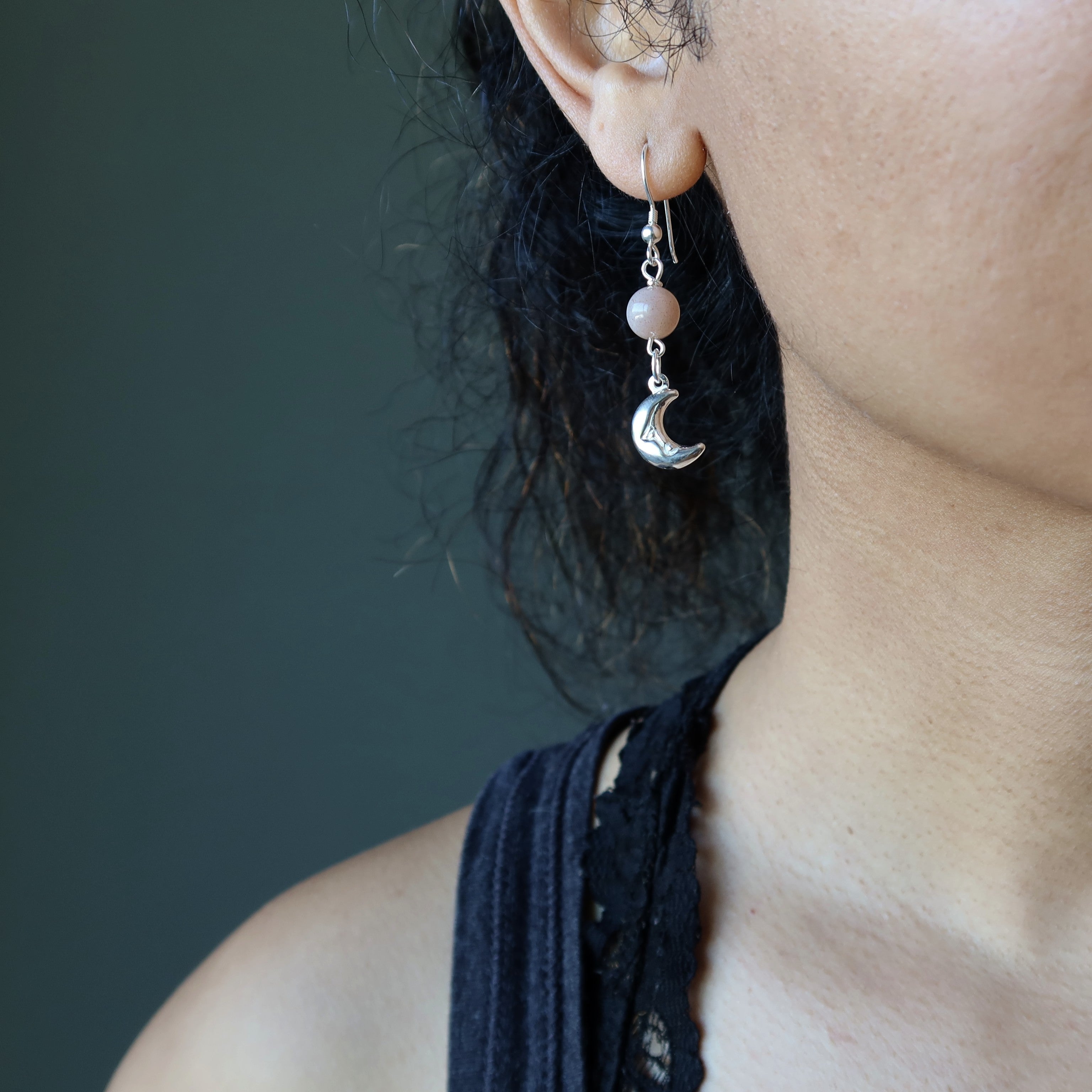 Peach Moonstone Earrings Swinging Moon Sterling Silver