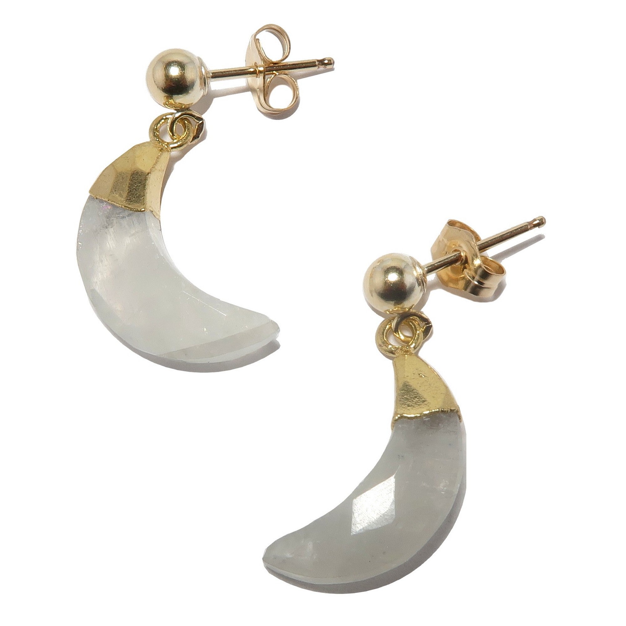 Rainbow Moonstone Earrings Crescent Moon 24-Karat Gold