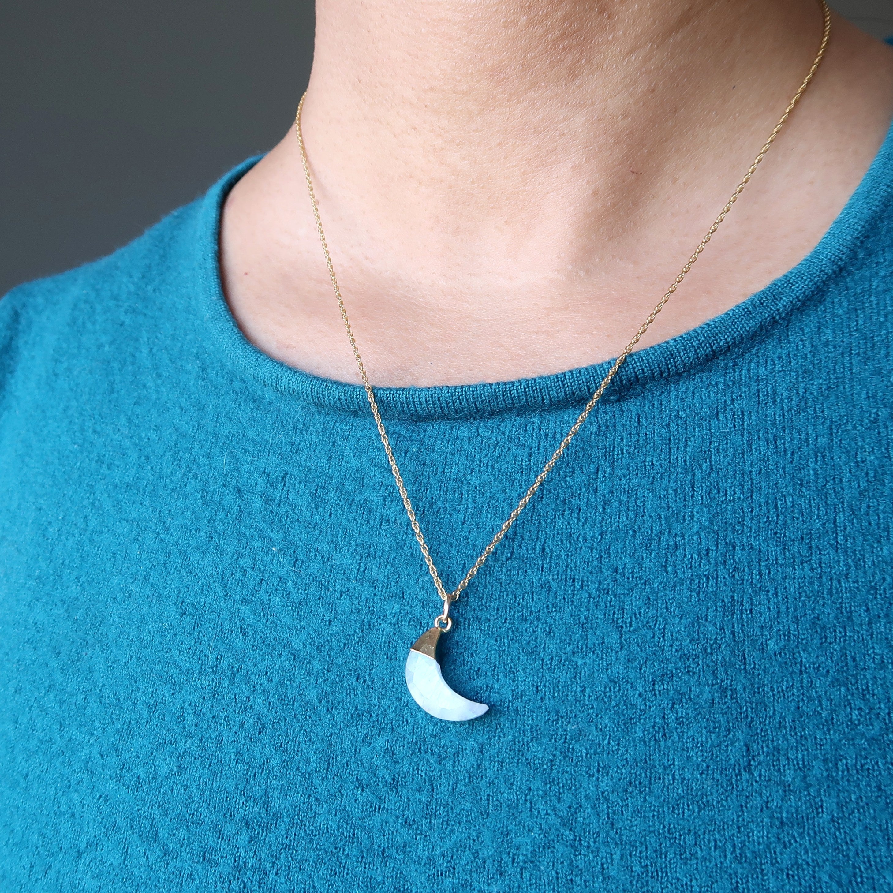 Rainbow Moonstone Necklace Crescent Moon 24-Karat Gold