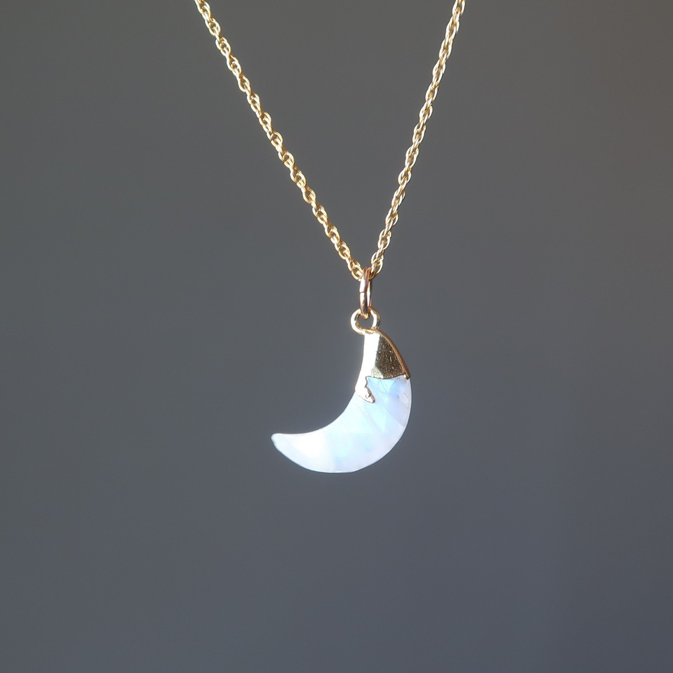 Rainbow Moonstone Necklace Crescent Moon 24-Karat Gold