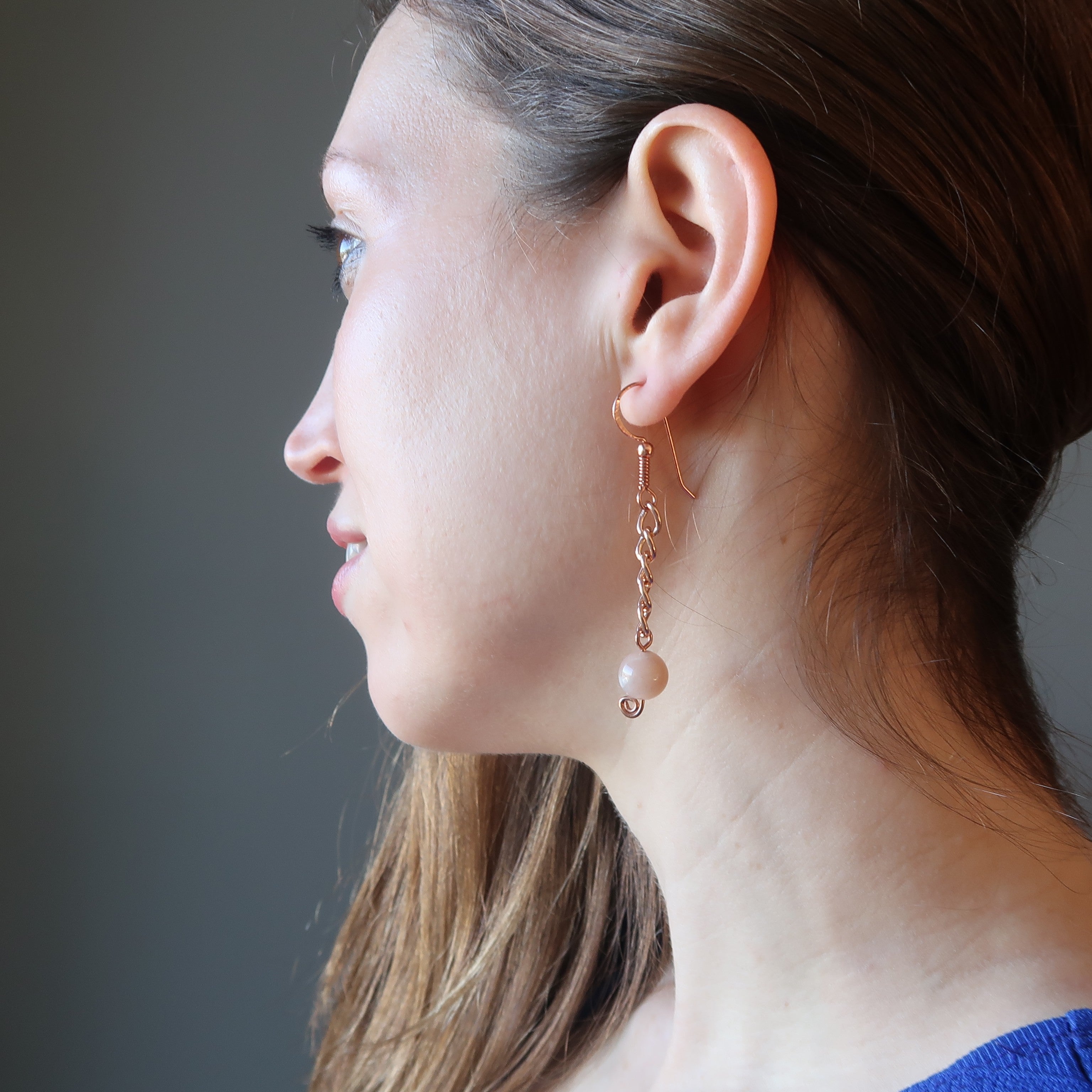Peach Moonstone Earrings Pretty Goddess Copper Chain