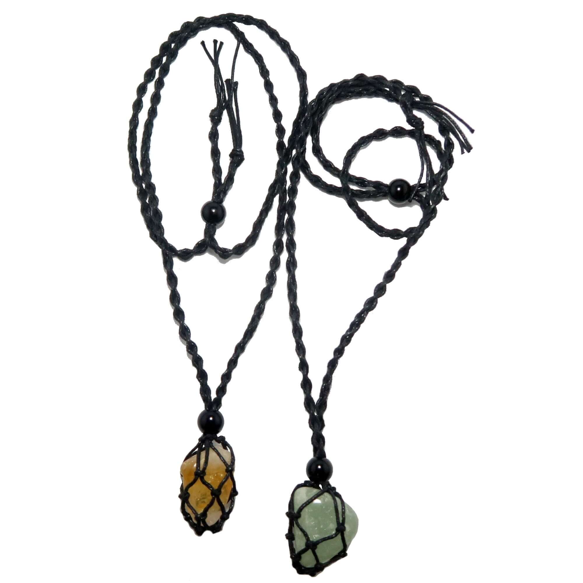 Money Necklace Set with citrine and green aventurine stones in black macrame adjustable cord for prosperity and abundance