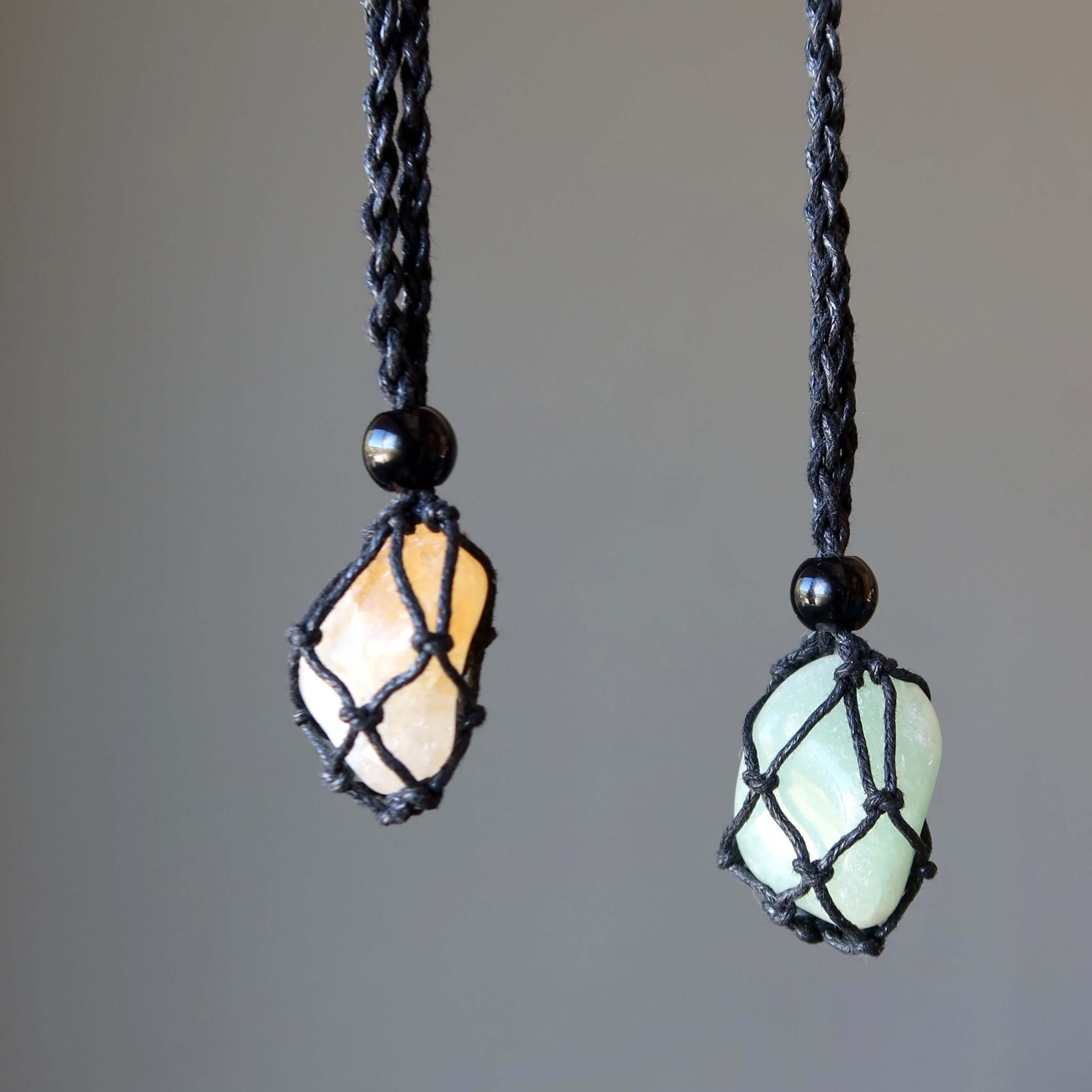 Money necklace set with citrine and green aventurine stones in black macrame netted pendants for abundance and prosperity