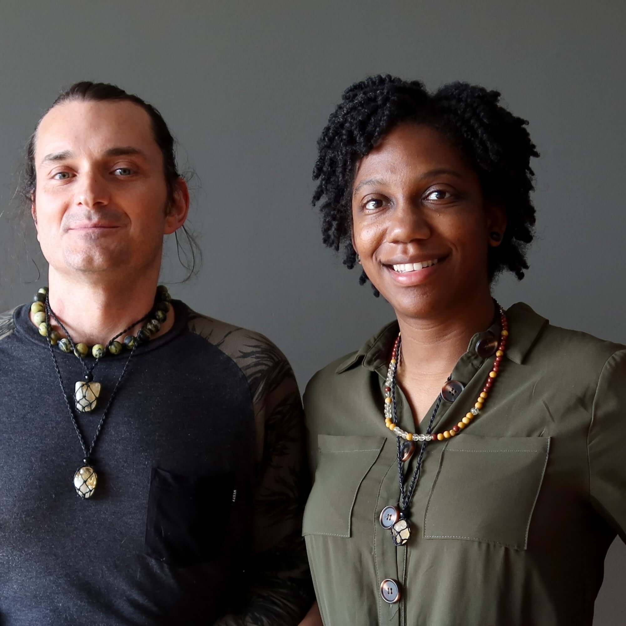 Couple wearing Money necklace set with citrine and green aventurine stone macrame jewelry for prosperity