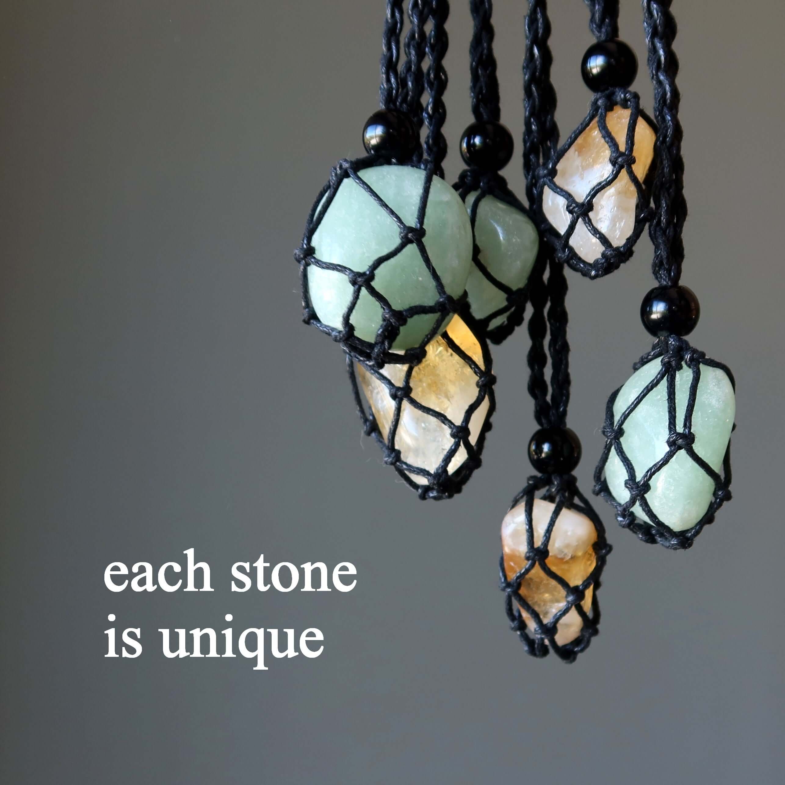 Money necklace set with unique citrine and green aventurine stones wrapped in black macrame netting