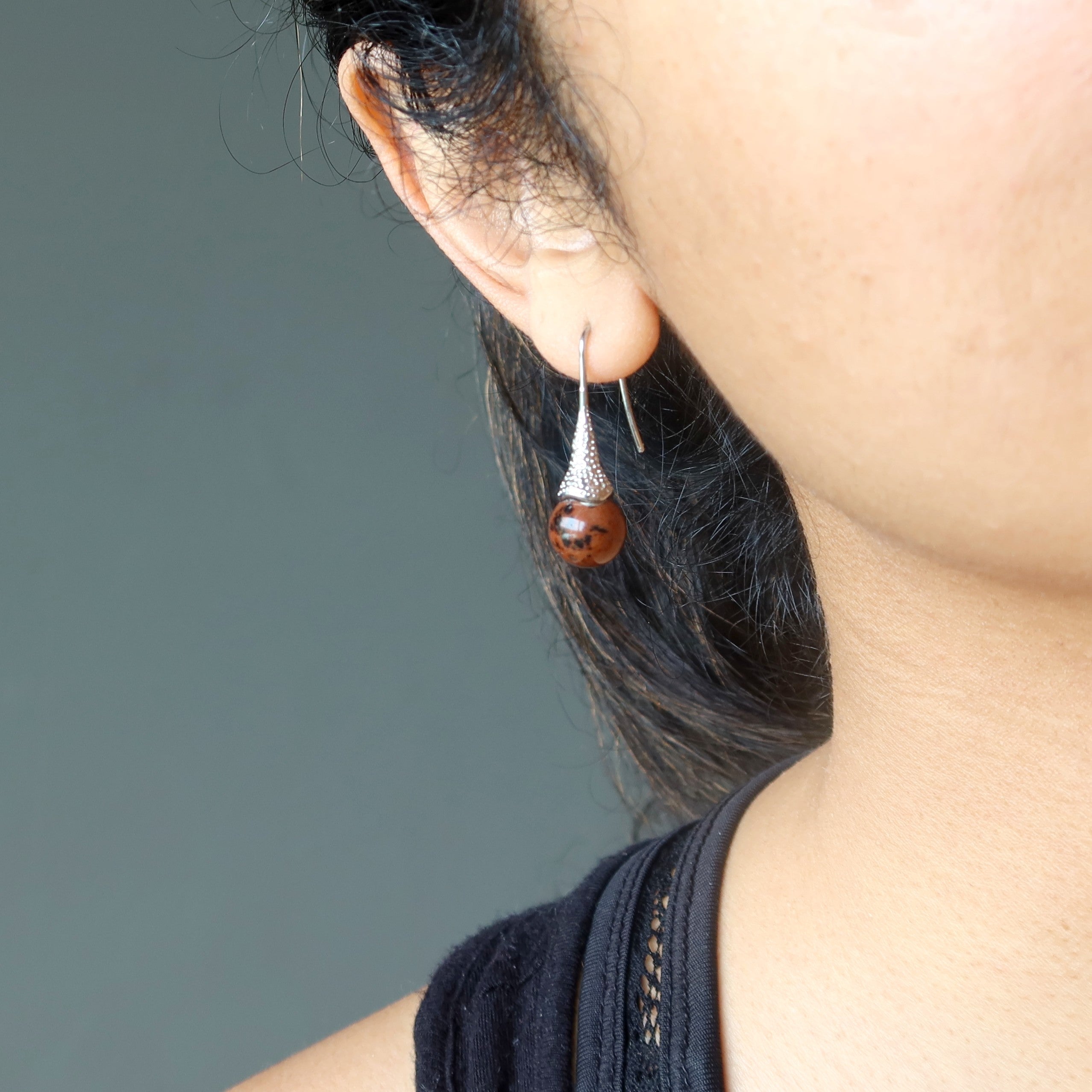 Mahogany Obsidian Earrings Drop of Volcanic Art Stones