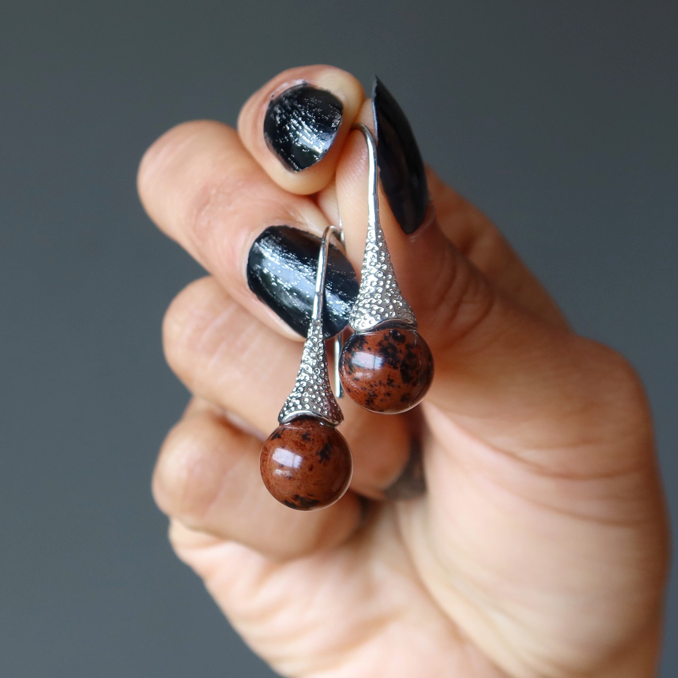 Mahogany Obsidian Earrings Drop of Volcanic Art Stones
